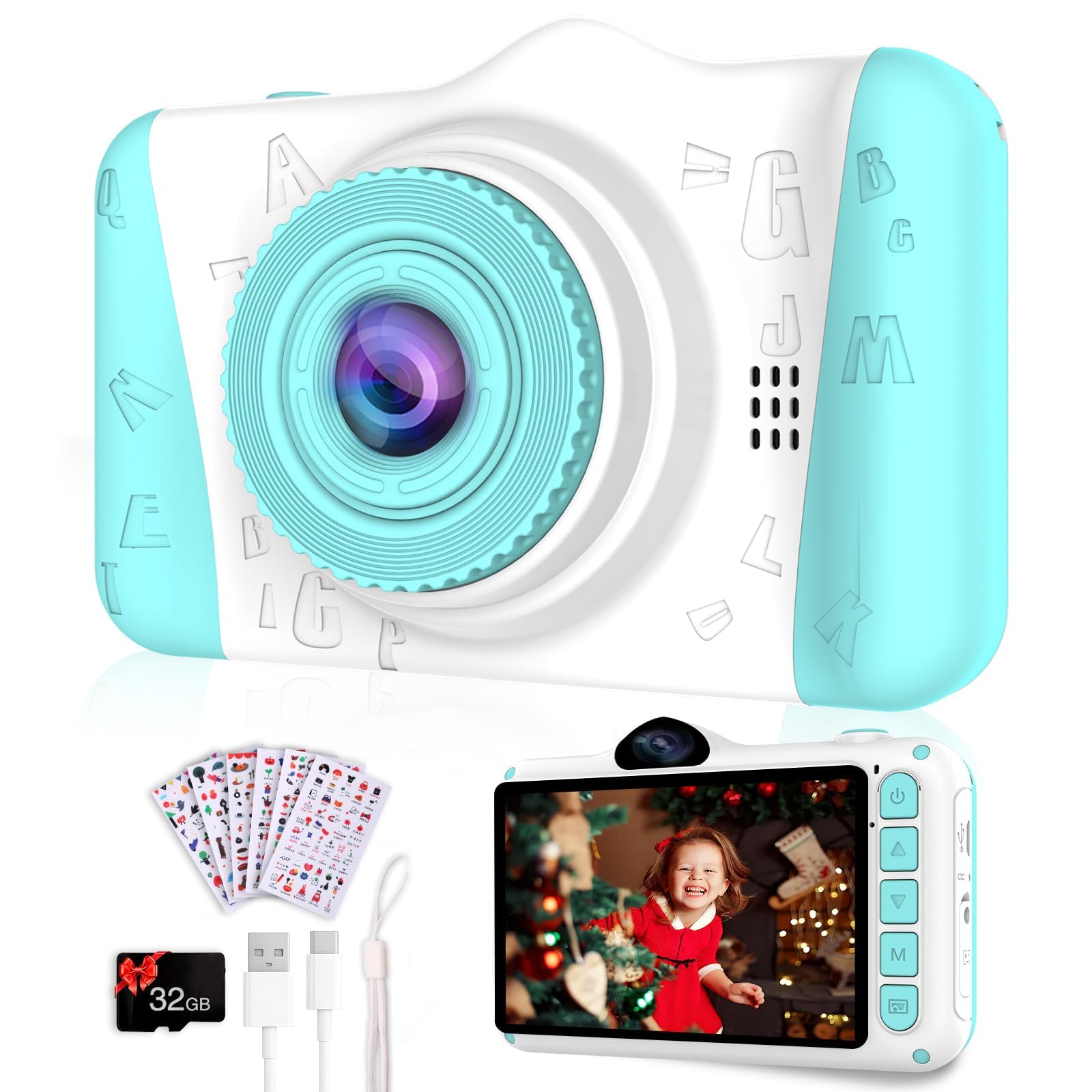 Appareil photo numérique pour enfants de 3,5 pouces avec carte de 32 Go, 1080P HD 12 MP, anti-chute, rechargeable par USB, cadeau de Noël pour garçon de 3 à 12 ans, bleu