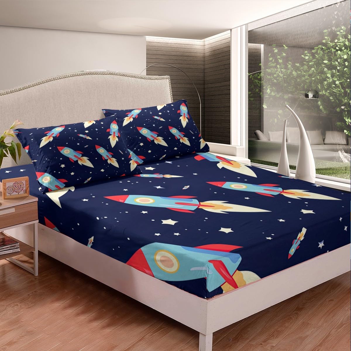 Erosebridal Rocket Fitted Sheet Cartoon Bed Cover Starry Sky Printed Bedspread,Full Size Modern Cute Bedroom Decorative 3 Pieces Bedding Set (1 Fitted Sheet 2 Pillow Cases) Navy