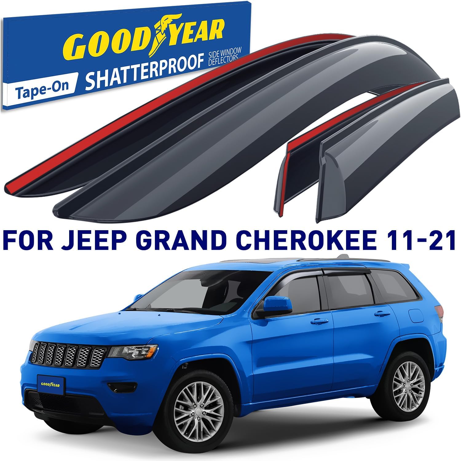 Goodyear Shatterproof Side Window Deflectors for Jeep Grand Cherokee 2011-2021, Tape-on Rain Guards, Window Visors for Cars, Vent Deflector, Vent Visor, Car Accessories, 4 pcs. - GY008845