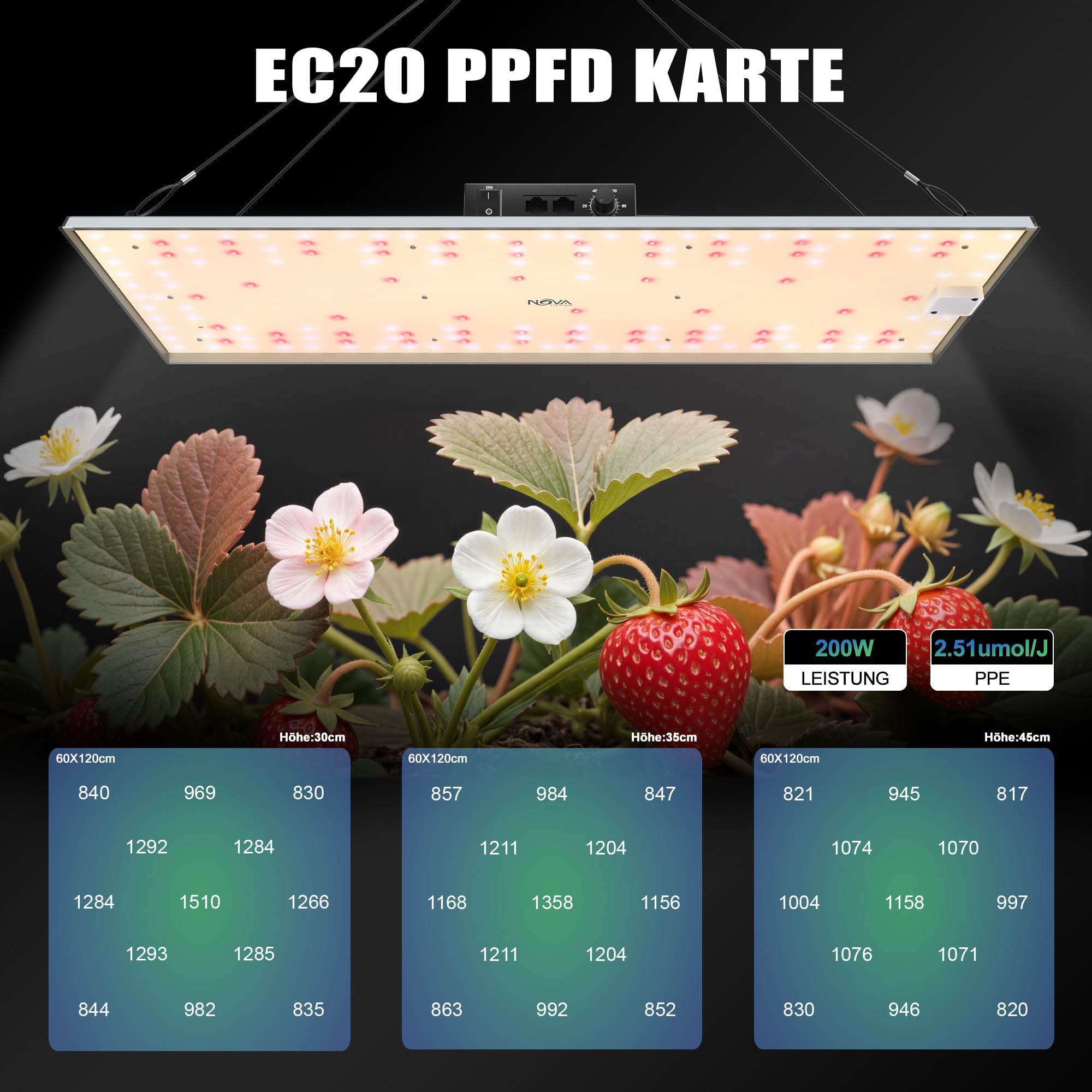 NovaGrove Lampa LED do uprawy roślin, pełne spektrum, 200 W, lampa do uprawy roślin, 60 x 120 cm, z możliwością ściemniania i łańcuchem stokrotki, EC20