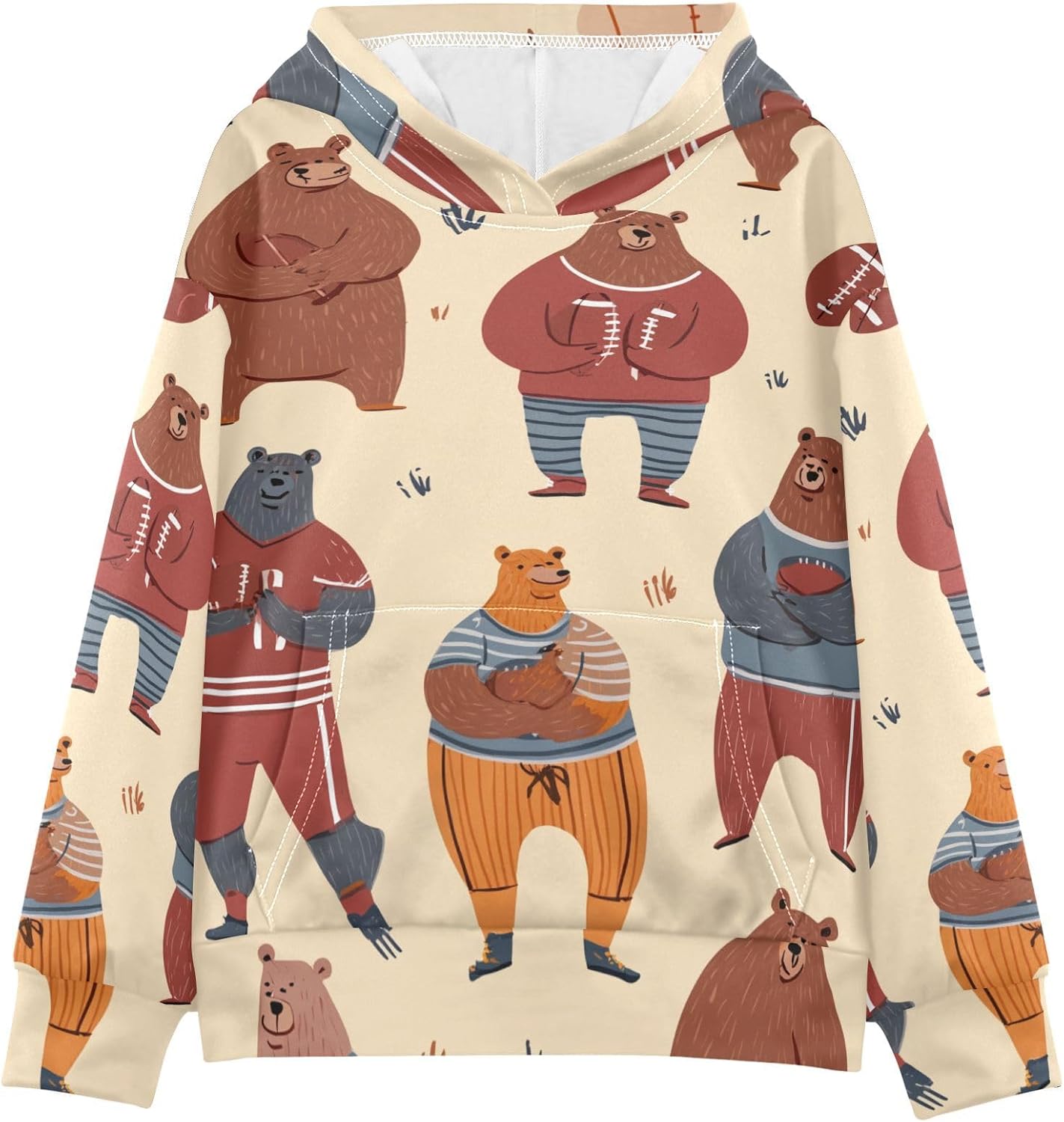 ZZXXB Bear Football Pattern Kids Sweatshirts Boys Girls Hooded Kangaroo Pocket Pullover Tops XS-XXL
