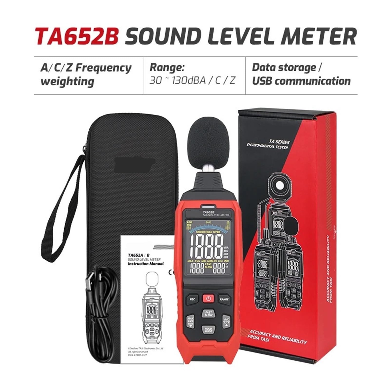 TA652A TA652B 30~130dB Rumore Decibel Rumore Tester Rilevatore di Volume Industriale Fonometro Digitale Registratore (Ta652b Trasferimento USB)