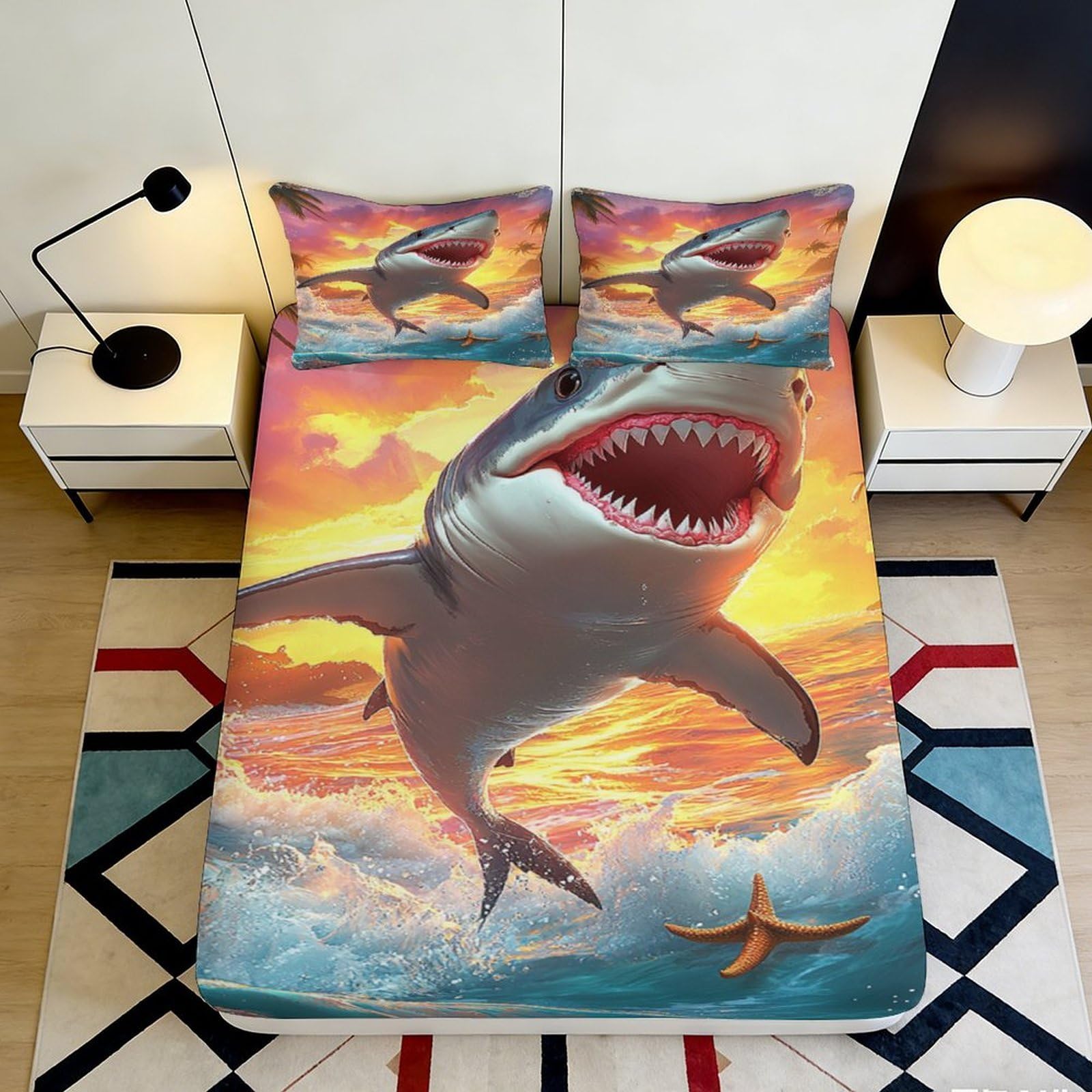 3D Printed Shark 3D Fitted Sheet Microfiber Durable Waterproof Ocean Wave Bed Cover for Bedroom Dormitory Guest Room Mattress Protection Decor 140x200x25cm