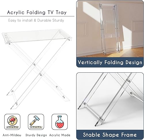 Miniatura 3 de CRYSFLOA Bandeja de TV con 2 bandejas extraíbles, bandeja plegable de acrílico de dos niveles, bandeja de servir superior, mesita de noche plegable