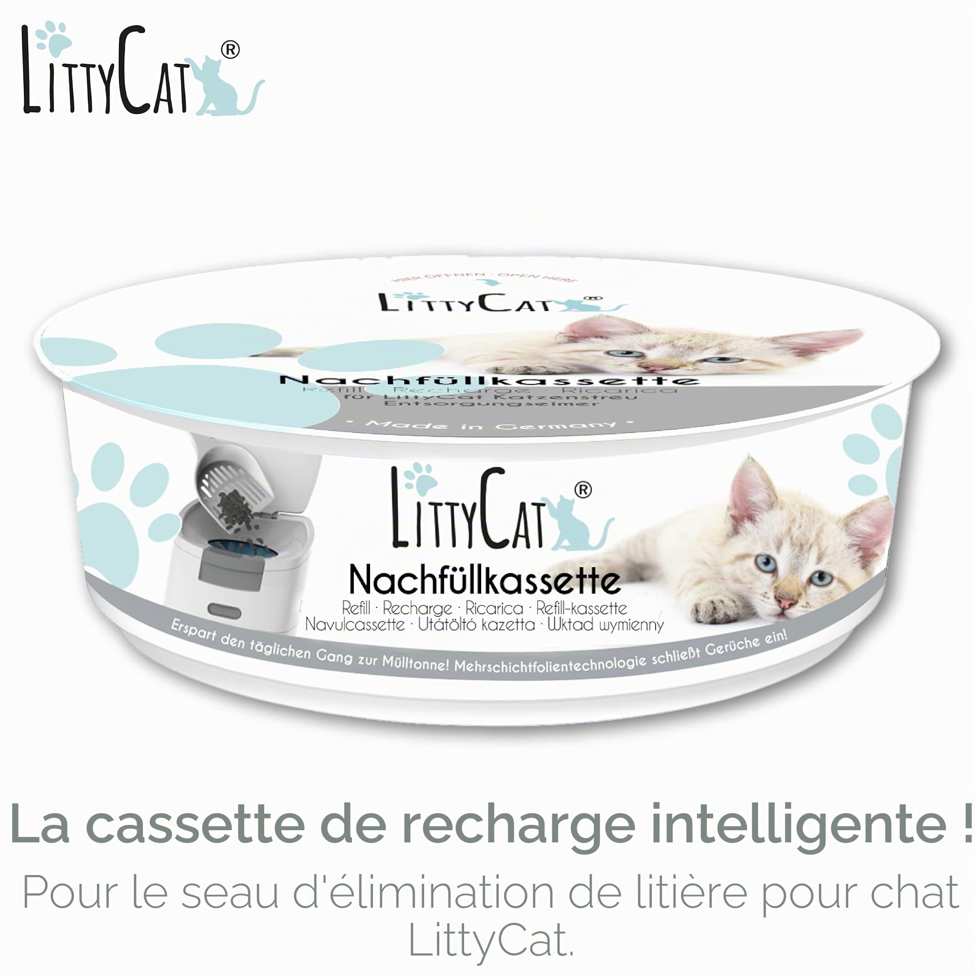 LittyCat® Recharges pour Seau à litière LittyCat (Lot de 6) • Jusqu’à 3 Mois par Cassette • Élimination Propre et sans odeurs de la litière • Système de Gaine pour excréments de Chat