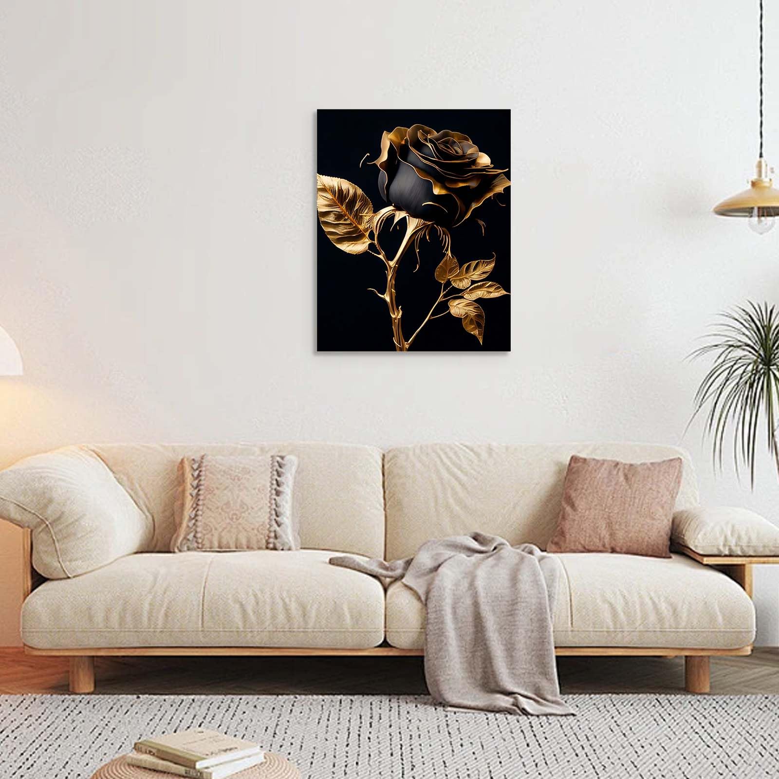 Galmcook Framed Canvas Wall Art 12x16 Inch Black and Gold Rose Modern Artwork Elegant Floral Wall Canvas for Living Room Bedroom Hallway Wall Decoration Prints with Hooks Magic Tape and Nails — view 6
