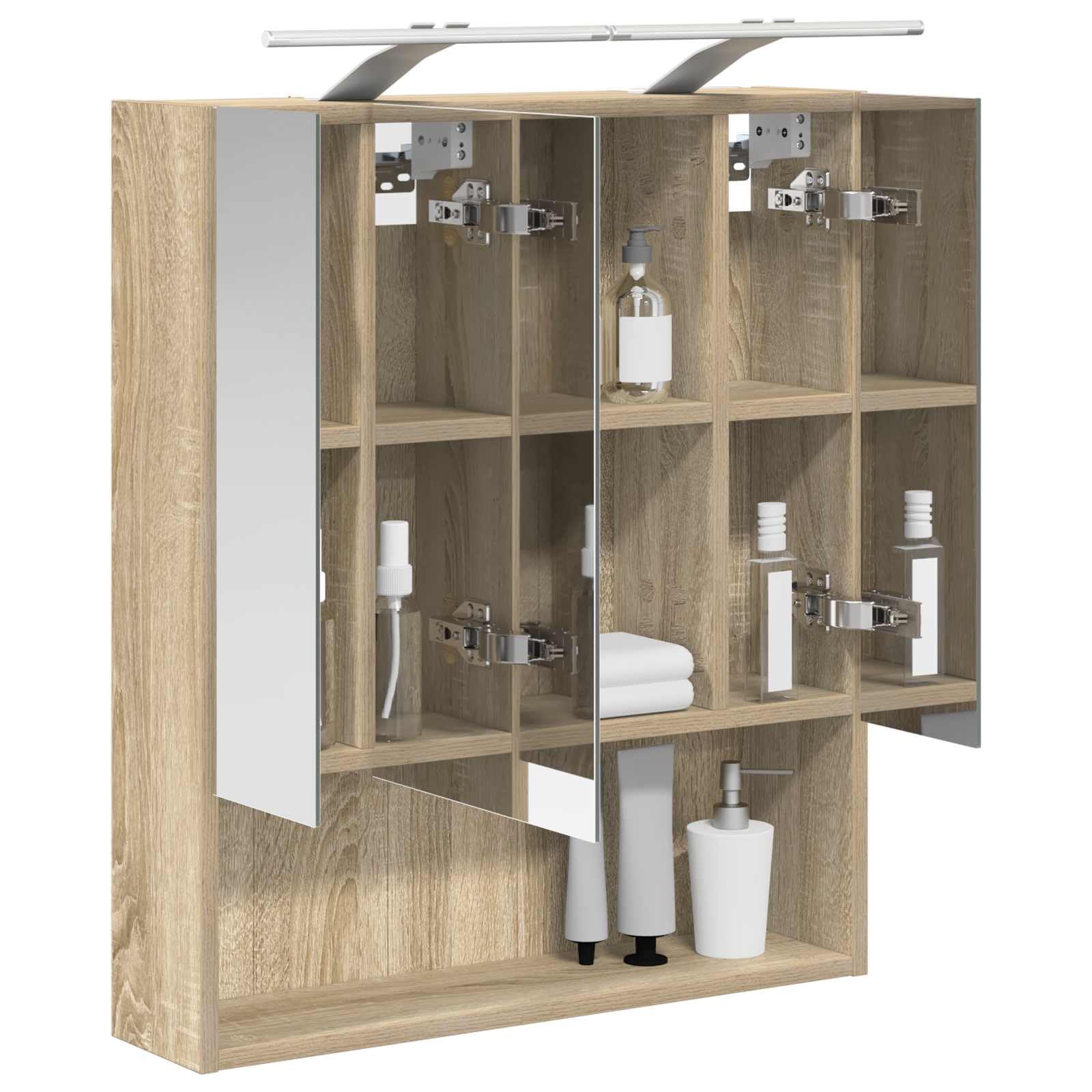Szafka łazienkowa z lustrem Sonoma z drzwiami 60 x 14,5 x 70 cm, wisząca na ścianie z miejscem do przechowywania, dwie półki, dwustronne lustro, oświetlenie LED, idealna do umywalek i mebli