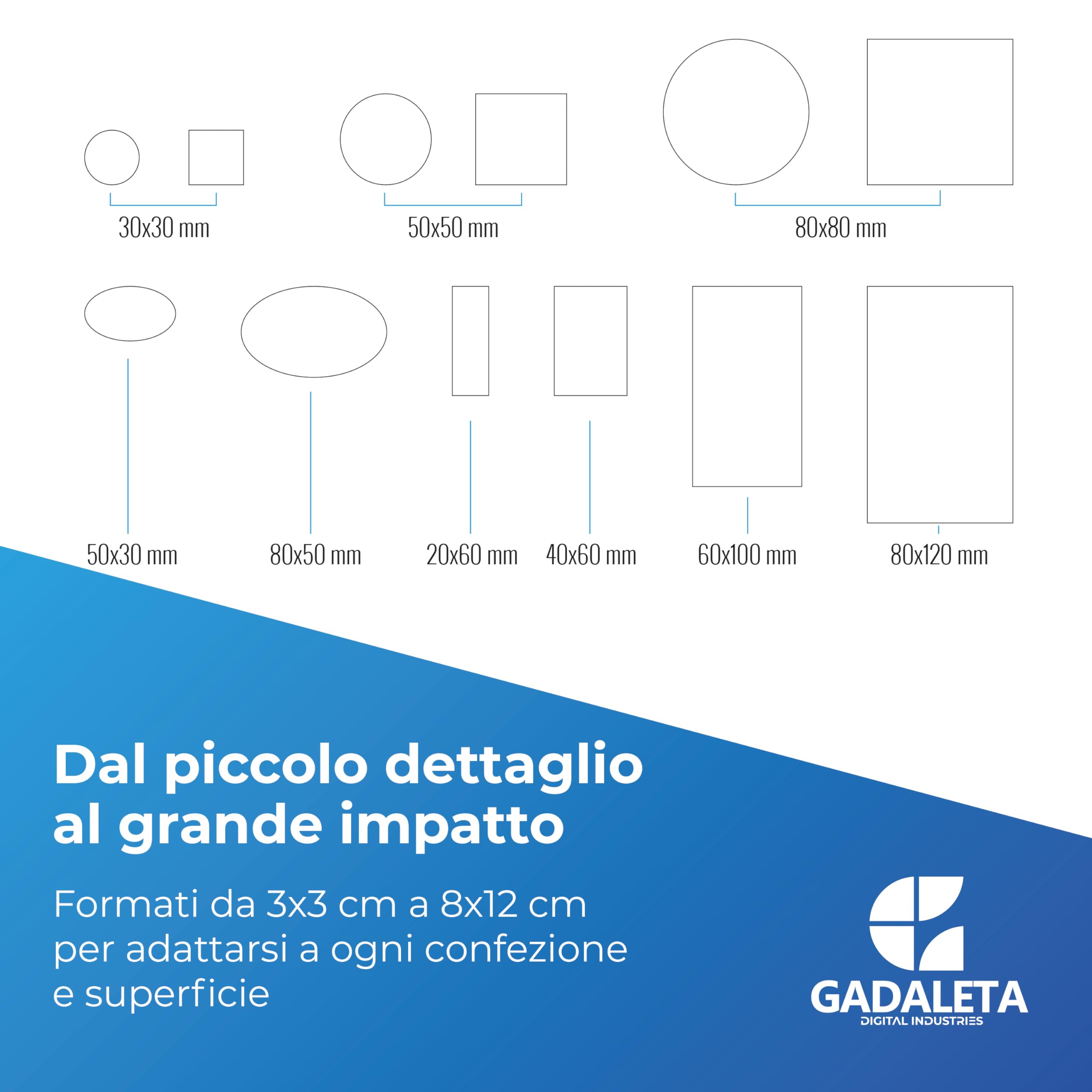 Gadaleta Digital Industries -100 Etichette Adesive Personalizzate -Sticker Personalizzati con Logo - Etichette Scuola, Ufficio, Packaging - 4 Forme: Tondo, Rettangolare, Ovale, Quadrato