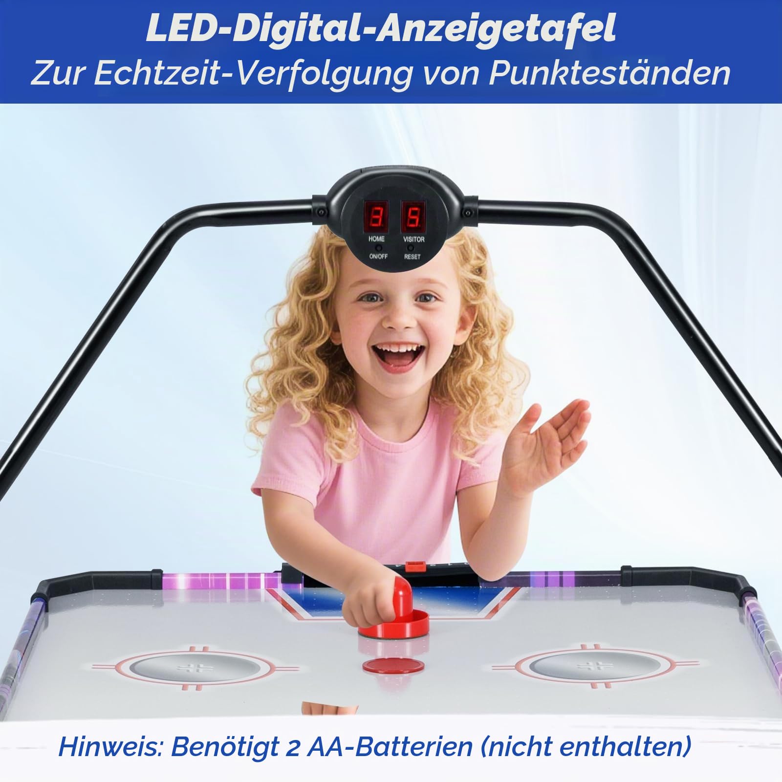 HOMASIS Airhockey Tisch, Air Hockey Spieltisch mit 12V-Motor & LED-Punktezähler, elektronischer Tischhockey inkl. 2 Pucks & 2 Schiebern, Airhockeytisch Lufthockey Speedhockey für Kinder & Erwachsene