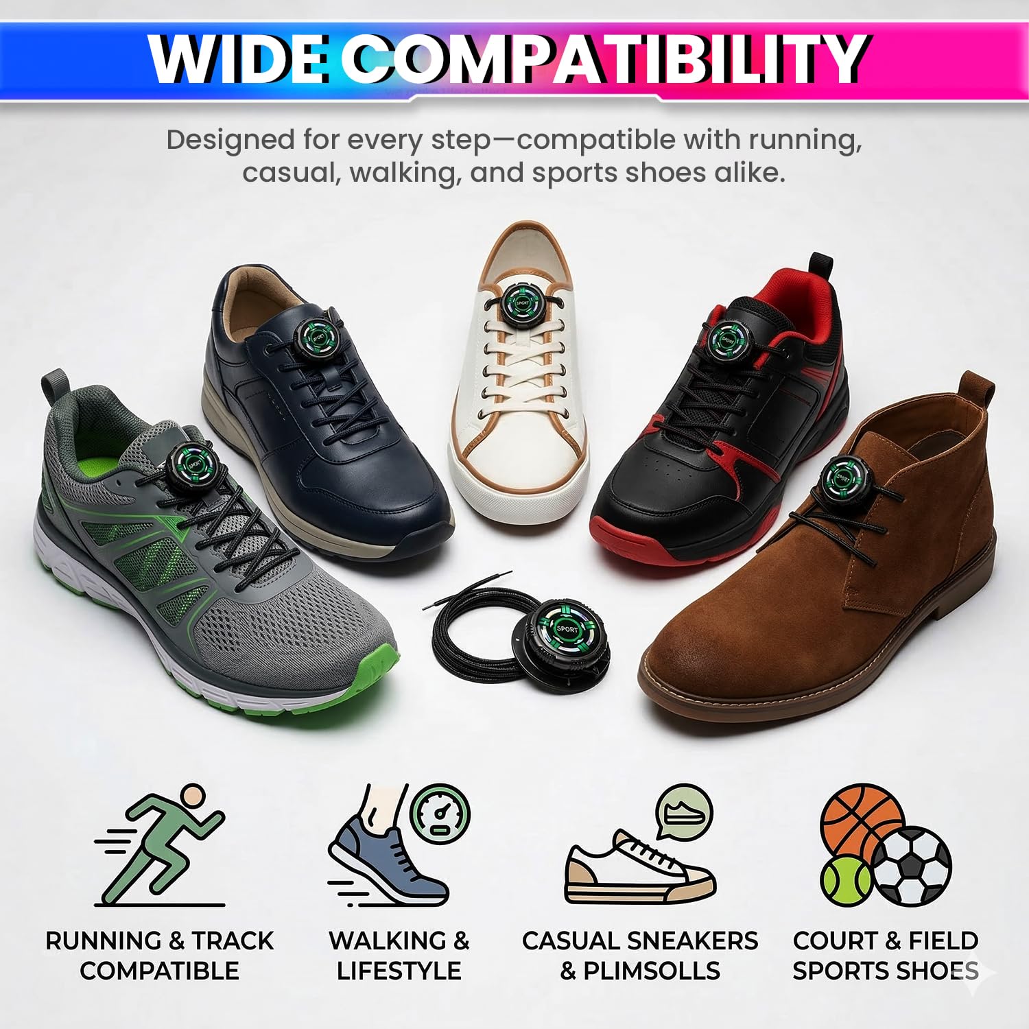 amiciCare No-Tie Shoe Laces, Swivel Shoelace Fastener for Sneakers – Quick Lock Rotating Buckles, Adjustable Stretch Laces, Hassle-Free Fit for Kids, Adults, Sports 1