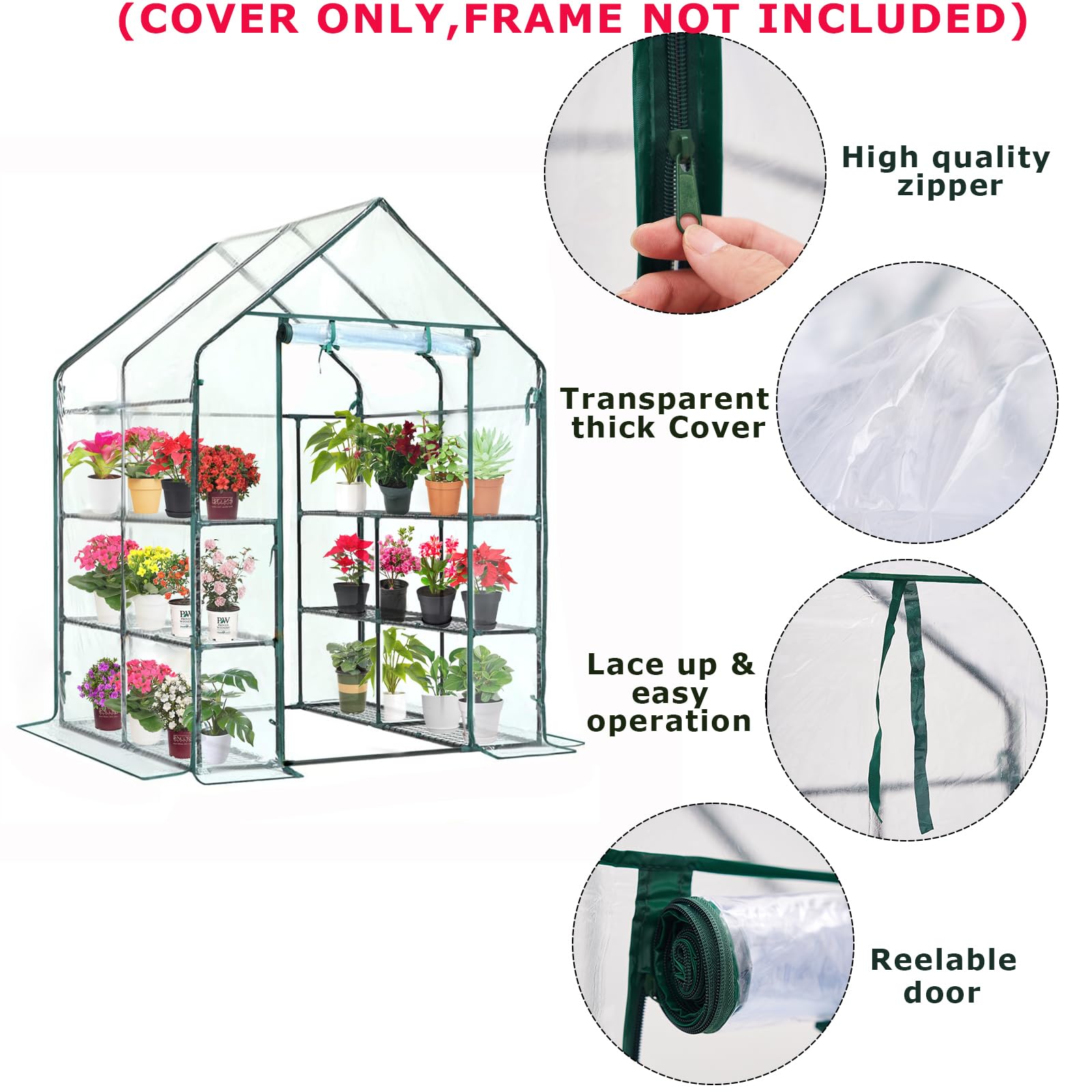 Purlyu Cubierta de repuesto para invernadero con puerta enrollable con cremallera, 56 x 56 x 76 pulgadas, cubierta de invernadero de PVC para plantas al aire libre, jardinería, plantas, protección