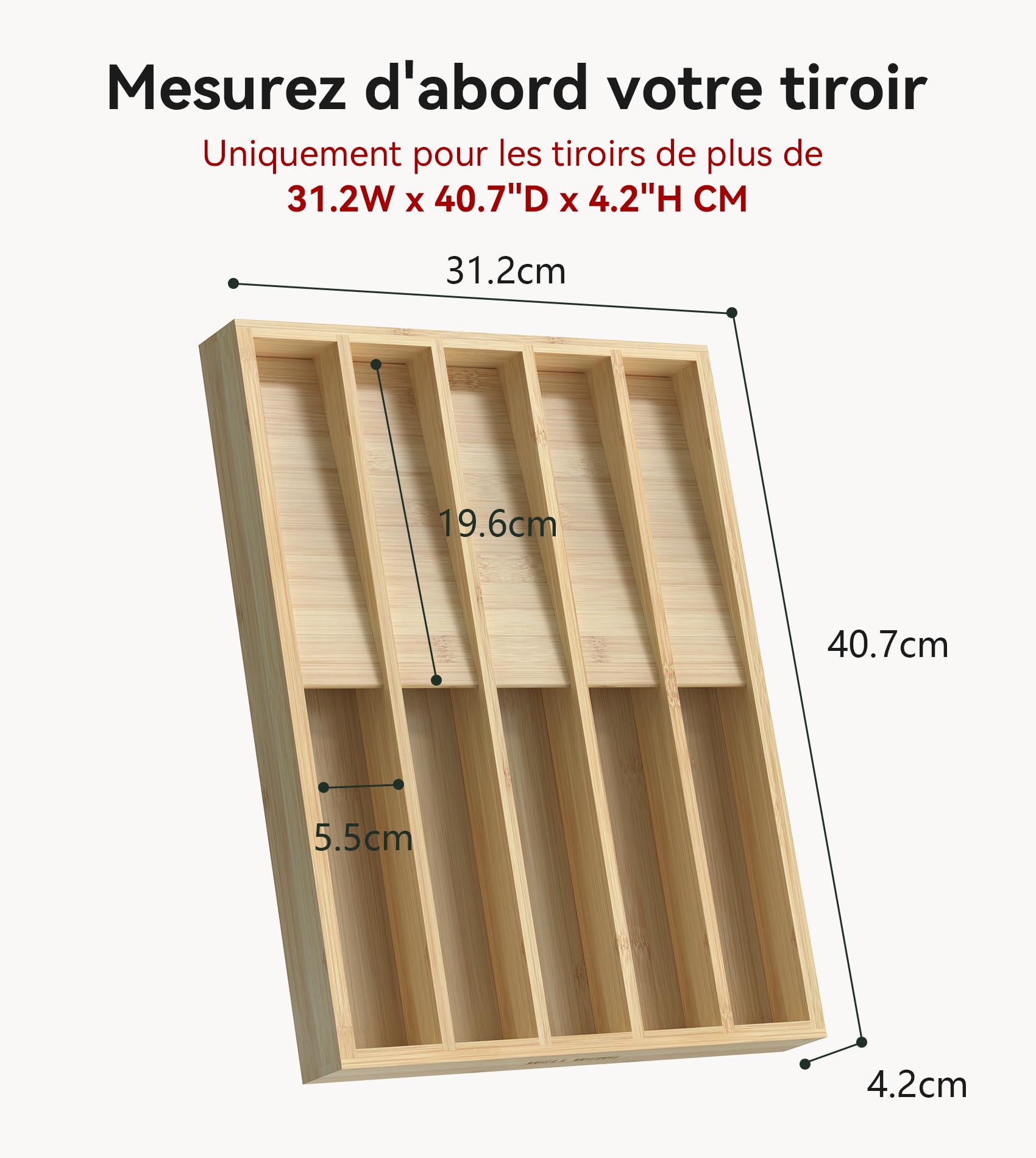 WELL WENG Cutlery Tray for Bamboo Drawer, Utensils Tray | 16 x 31.5 x 4.2 cm, 10 Compartments Kitchen Organisation, Storage for Tableware for Spoons/Forks/Knives
