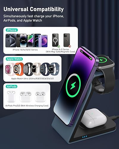 Miniatura 6 de Estación de carga para cargador inalámbrico Apple 3 en 1 2024 nuevo soporte de cargador magnético de aleación de aluminio de carga rápida múltiples