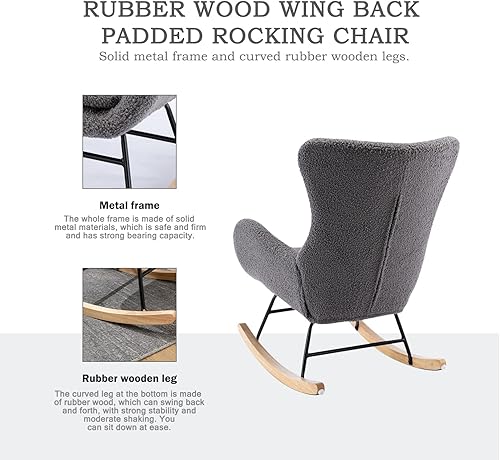 Miniatura 4 de Kiztir Mecedora pequeña para guardería, mecedora moderna con respaldo alto, cómoda silla deslizante para guardería, sala de estar, dormitorio (gris)