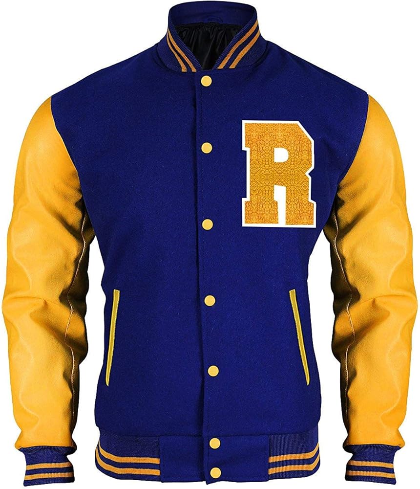 Mens Football R Letter Varsity Letterman Bomber Blue Yellow Wool Leather  Jacket (Small(Jacket-Chest-44)) at Amazon Men's Clothing store