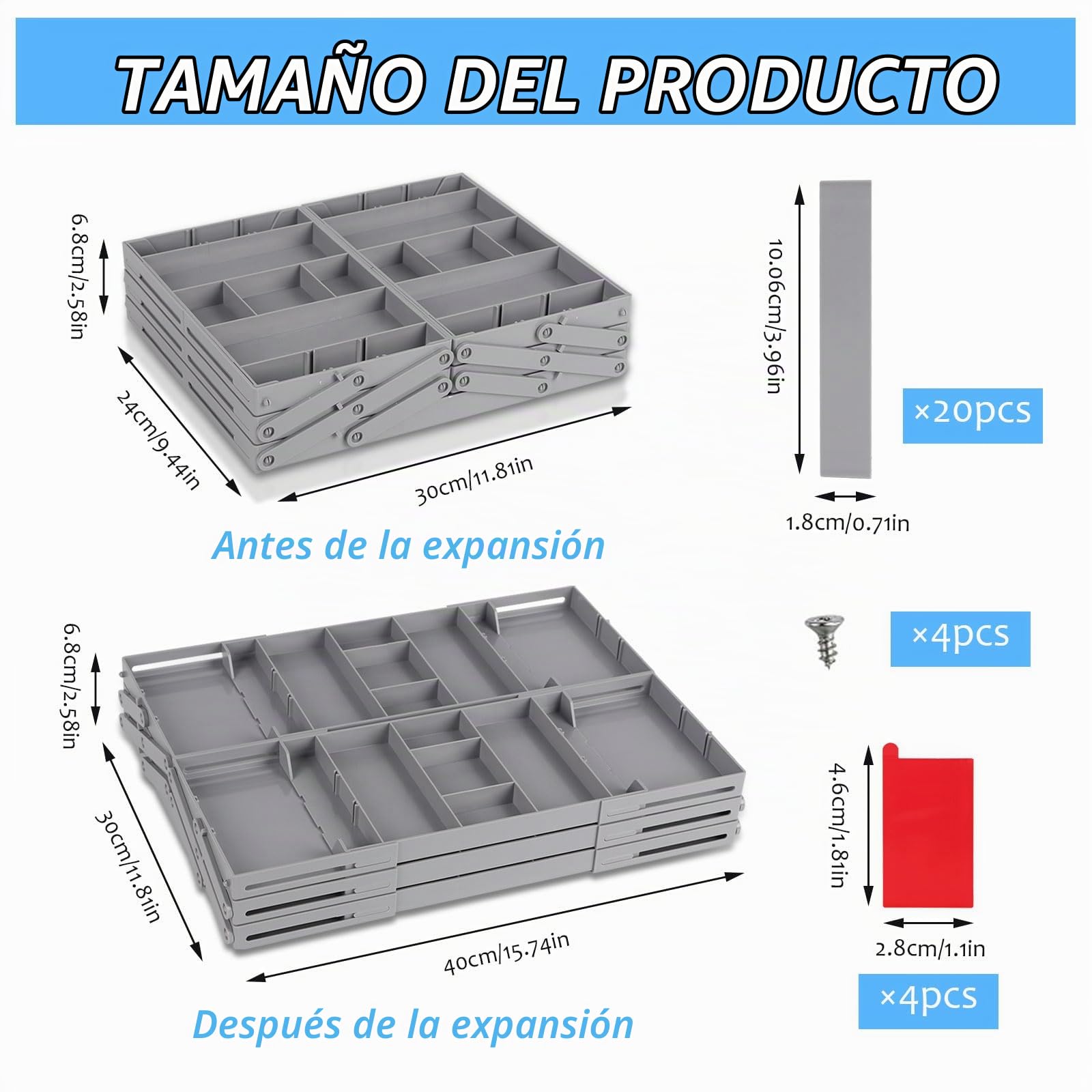Organizador de Cajones de 3 Niveles, Cajón de Almacenamiento Extensible Bandejas Organizadoras de Cajones Extensibles Ajustables para Cubiertos, Cosméticos, Cajones de Oficina (Fila Doble)
