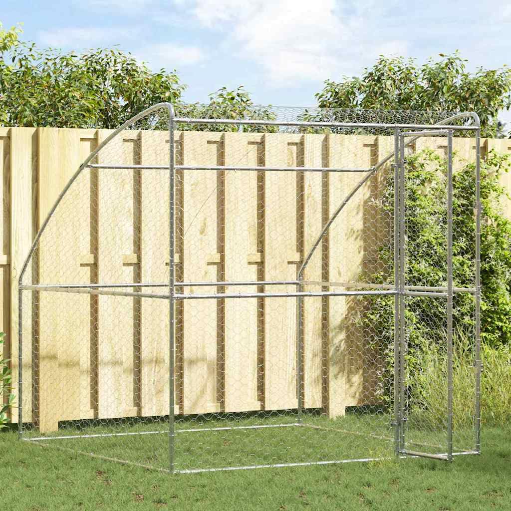 Klatka dla psa z miejscem do przechowywania, srebrna z ocynkowanej stali, 2 x 2 x 2 m, bezpieczna karma dla psów z siatkowym dachem, do ogrodu i na zewnątrz, zamykany system ryglujący