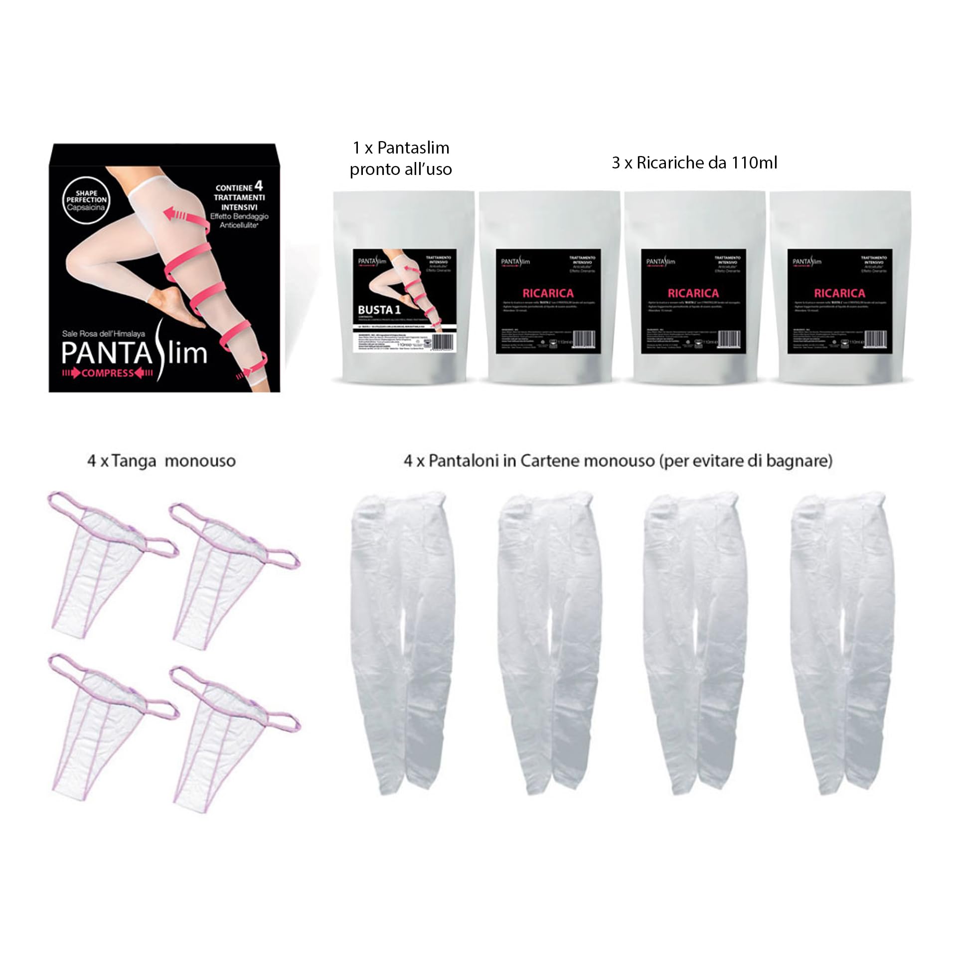 PANTASLIM COMPRESS kit 4 trattamenti - collant drenante anticellulite - formula Shape Perfection Capsaicina + Sale Rosa dell'Himalaya con pantaloni in cartene e tanga monouso - 99% originale naturale