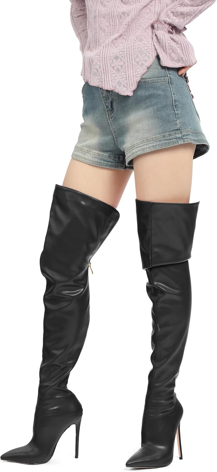 ROSERWISH Women's Thigh High Boots Over The Knee Boots Pointed Toe Stiletto Heels Sexy Fall Long Boots with Zipper Comfy Fashion Dress Shoes