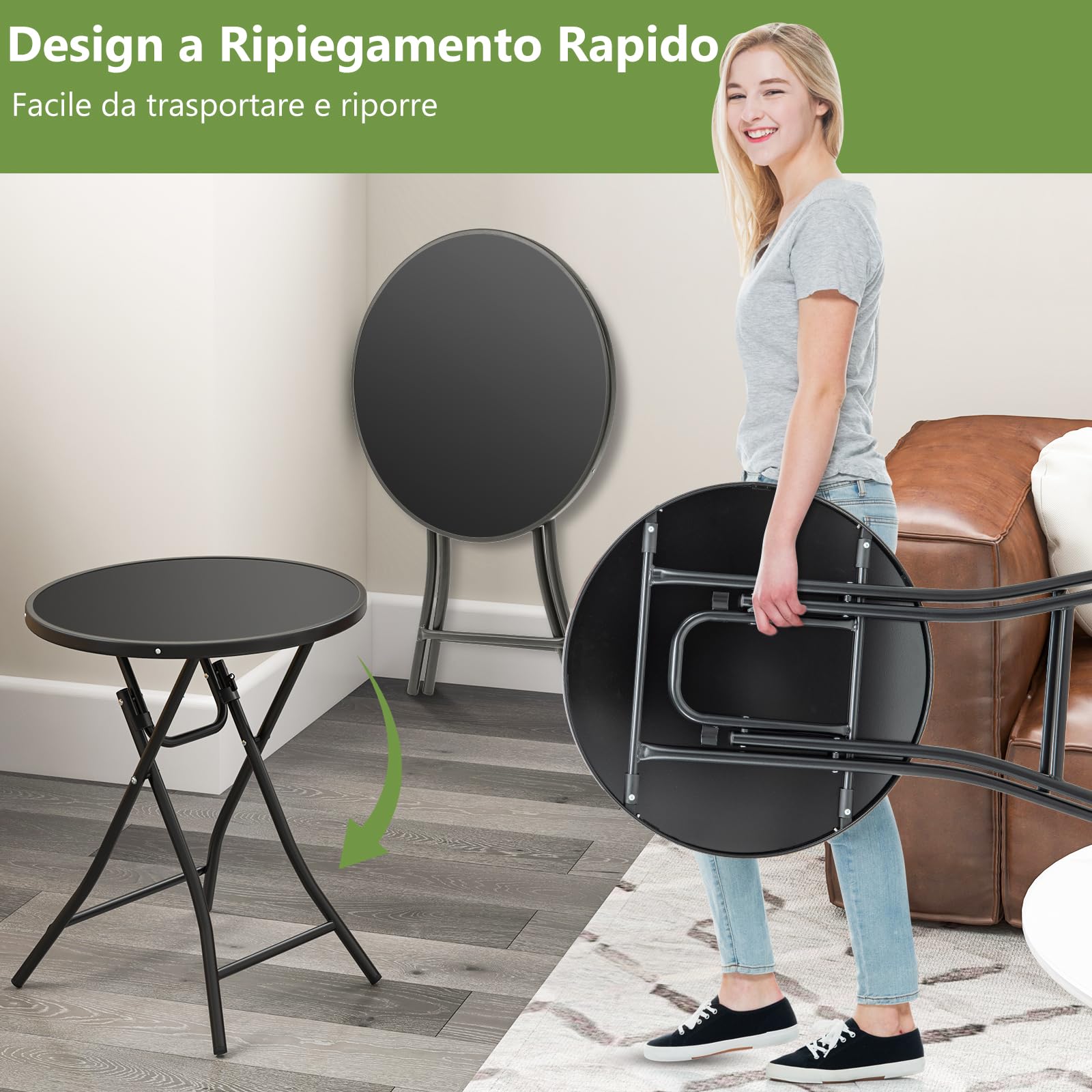 Tavolo Pieghevole Rotondo 59 Cm In Vetro Temperato E Metallo Nero – Per Giardino, Balcone E Terrazzo