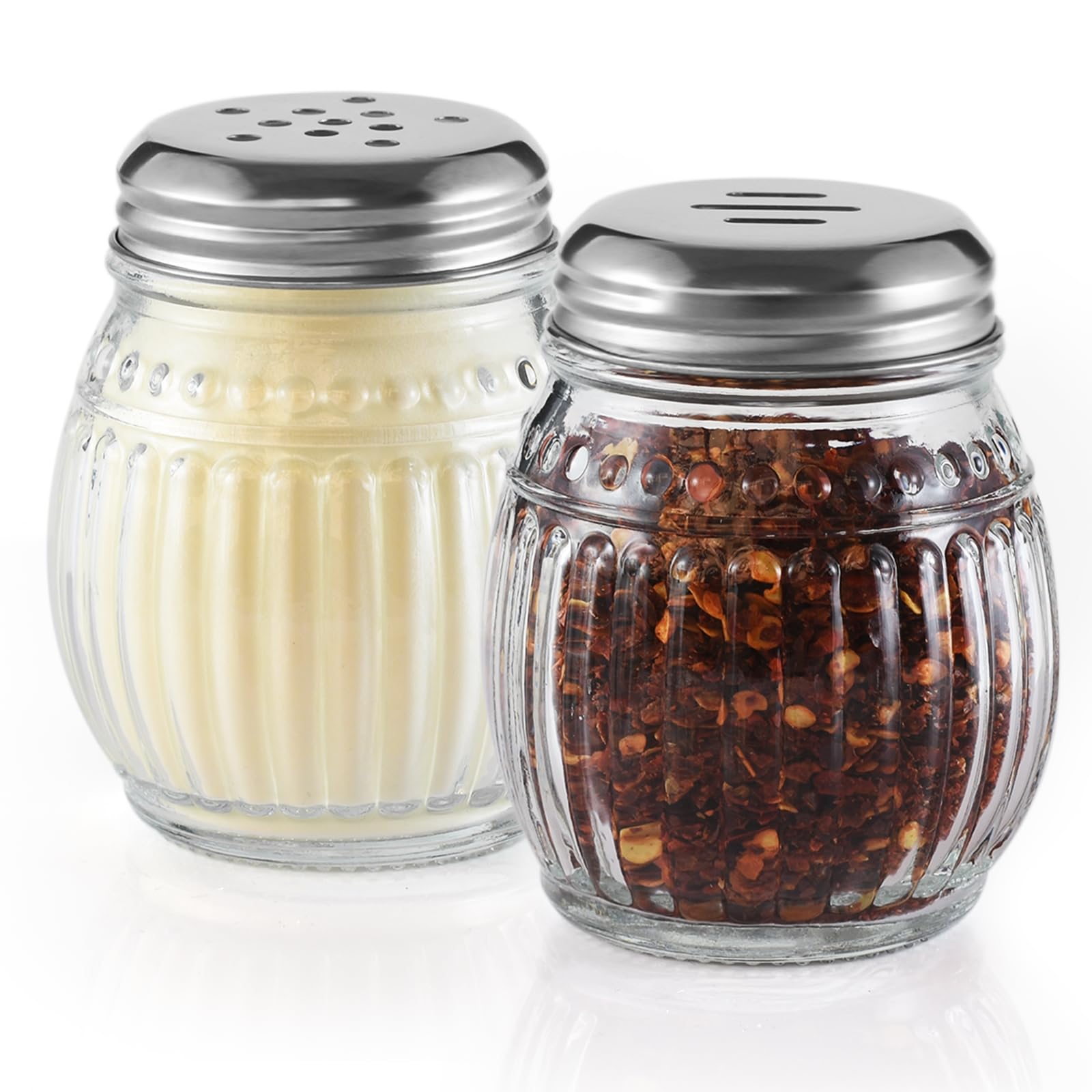 Pimentero de cristal con parte superior de acero inoxidable perforado, coctelera de queso con parte superior ranurada de acero inoxidable, juego de 2 (transparente)