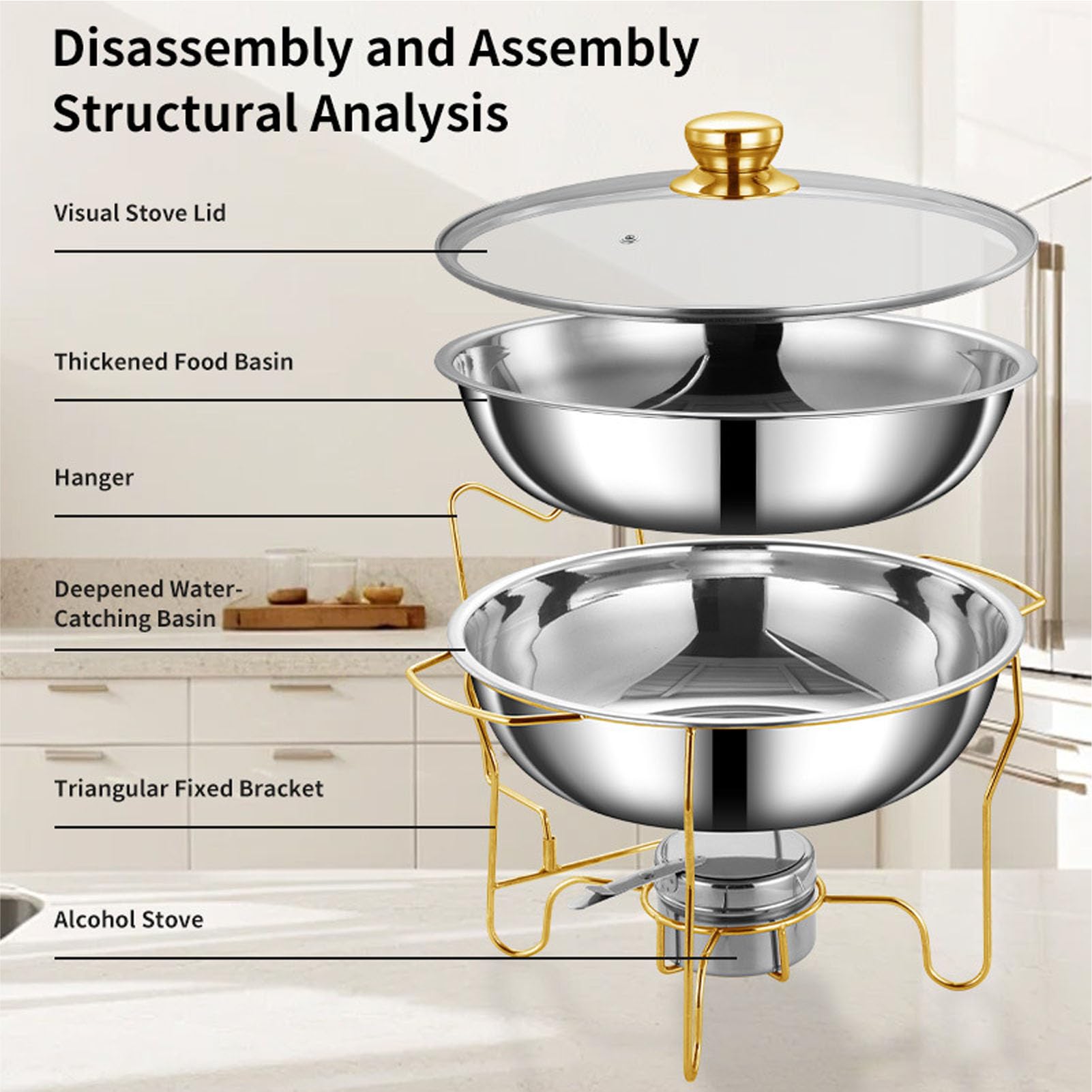 Pssopp Juego de Platos de Chafing Buffet, Calentador de Alimentos Redondos de Acero Inoxidable con Tapa de Vidrio y Contenedor de para Eventos de Catering y Entretenimiento en el (3.5L)