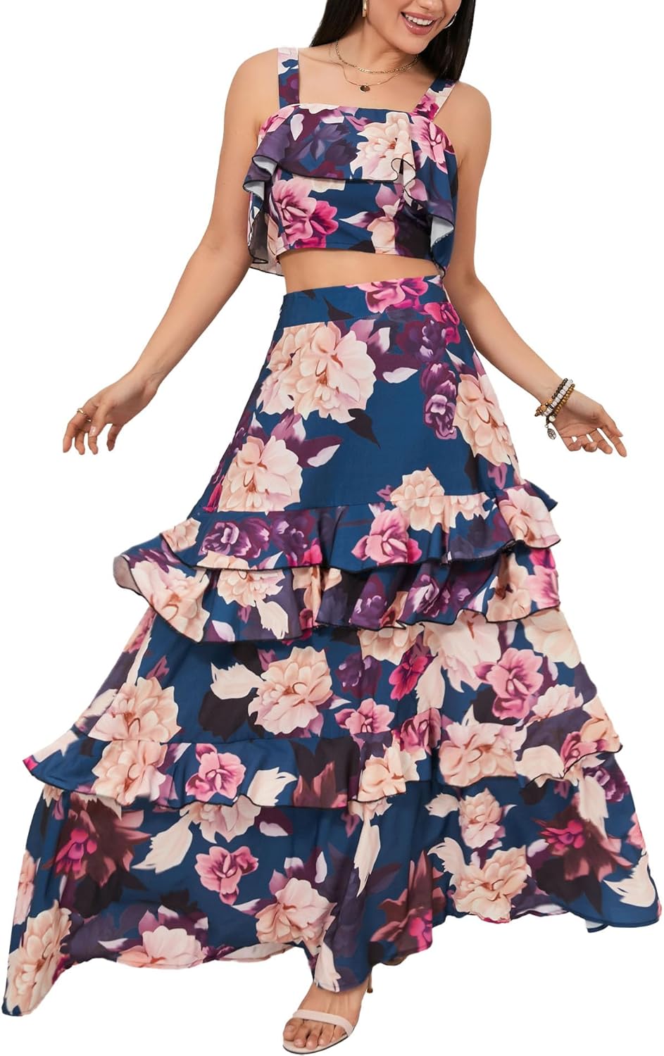 SOMTHRON Women's Summer 2 Piece Outfits Floral Print Strap Crop Tops Tiered Ruffle Skirt Sets Maxi Long Dress - Image 4