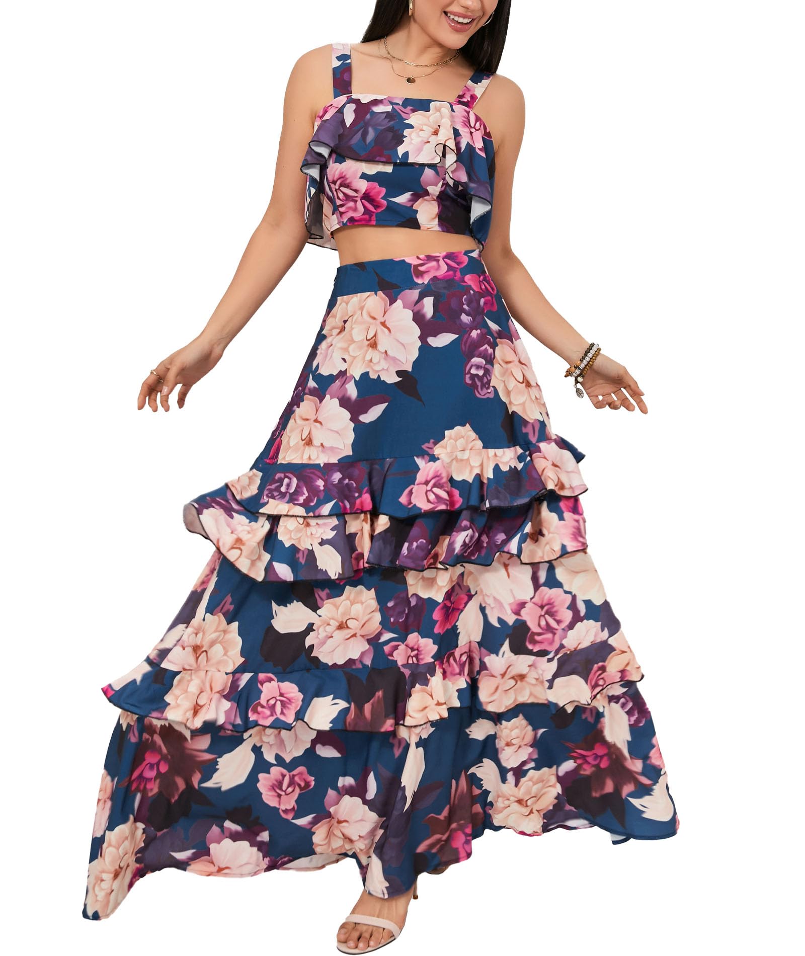 SOMTHRON Conjunto de 2 piezas de verano para mujer, vestido largo con estampado floral y falda con volantes escalonados