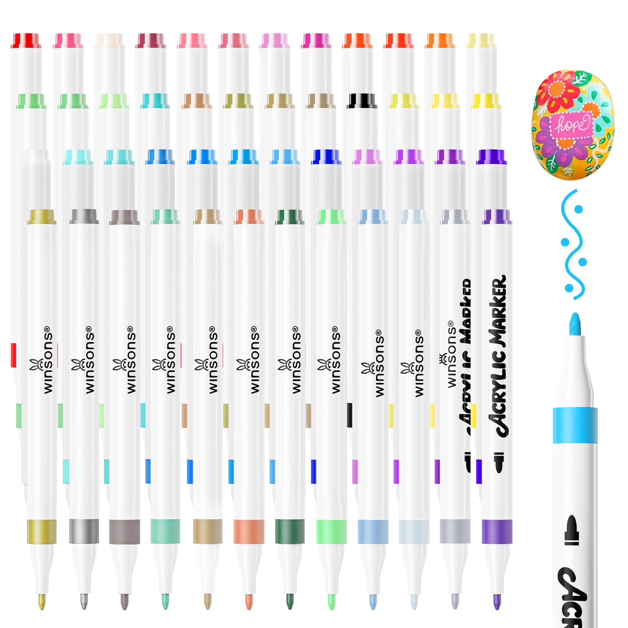 WINSONS Acrylic Paint Pens, Colouring Pens 48 Colours, Fine Tip, Non-Toxic, Waterproof, Non-Bleeding, Vibrant Colours, Permanent for Paper, Eggs, Cap, Fabrics, Stones, Pottery, Glass, Plastics