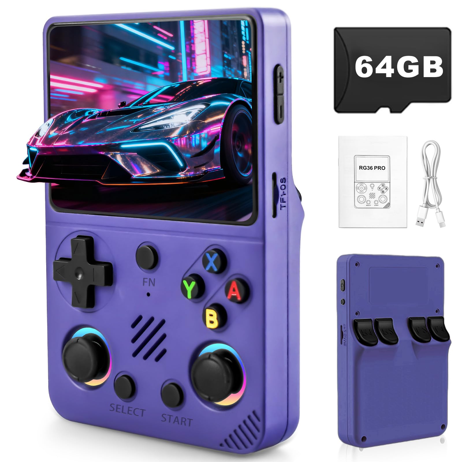 Forlarme RG36PRO Retro Video Game Console-Support 30000+ Classic Games,3.5"IPS Screen,Open Source System,64G TF card,3000mAh Battery,Portable Console for Teen or Partner - Gift for Christmas - Purple