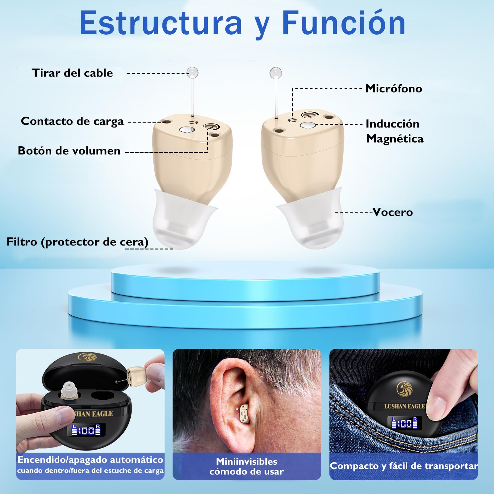 Auriculares amplificados amplificador de sonido recargable mini portátil (Negro)