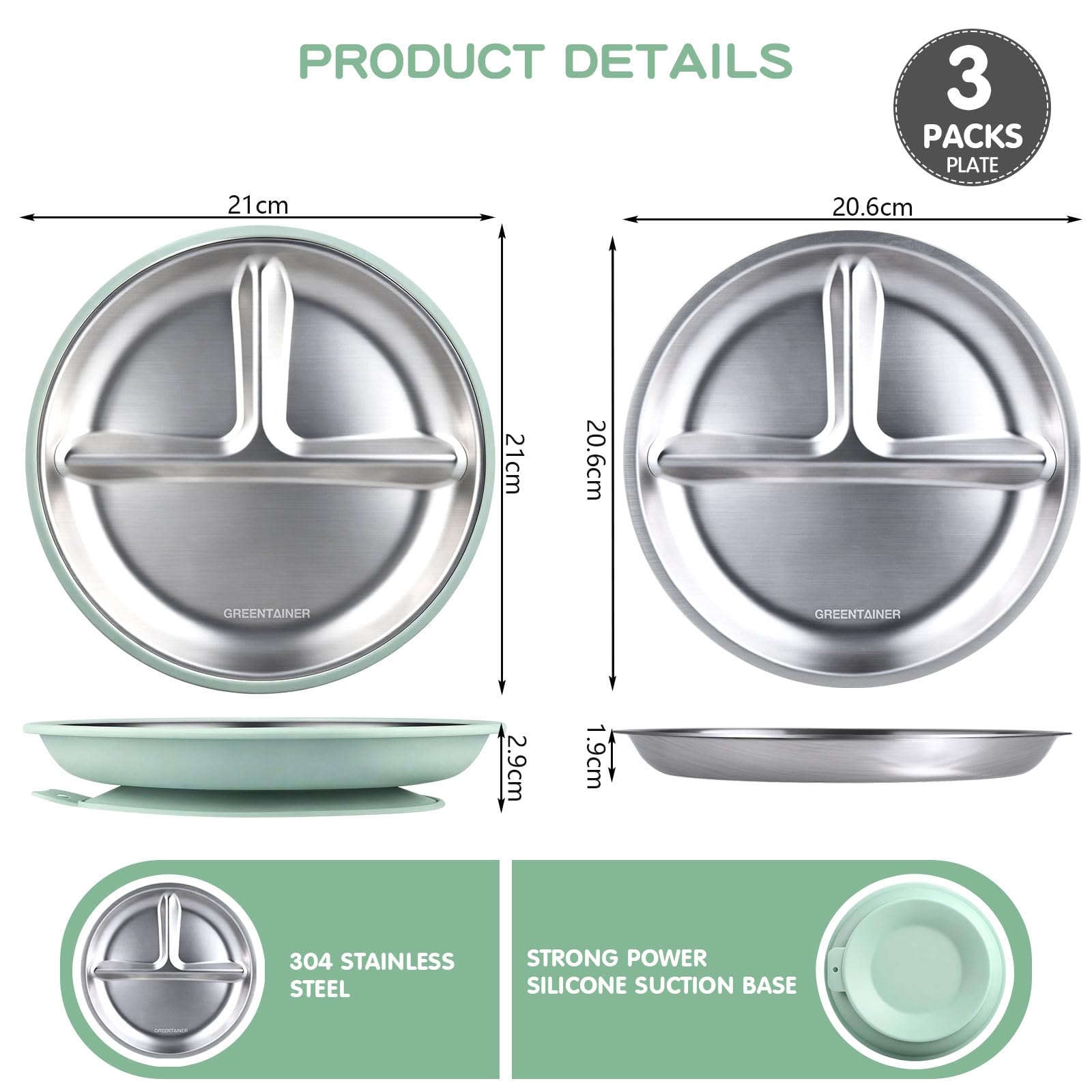 Greentainer Lot de 3 assiettes en acier inoxydable, assiette divisée en silicone avec base adhésive, ustensiles pour tout-petits pour l'alimentation du bébé, sevrage à la demande du bébé, réutilisable