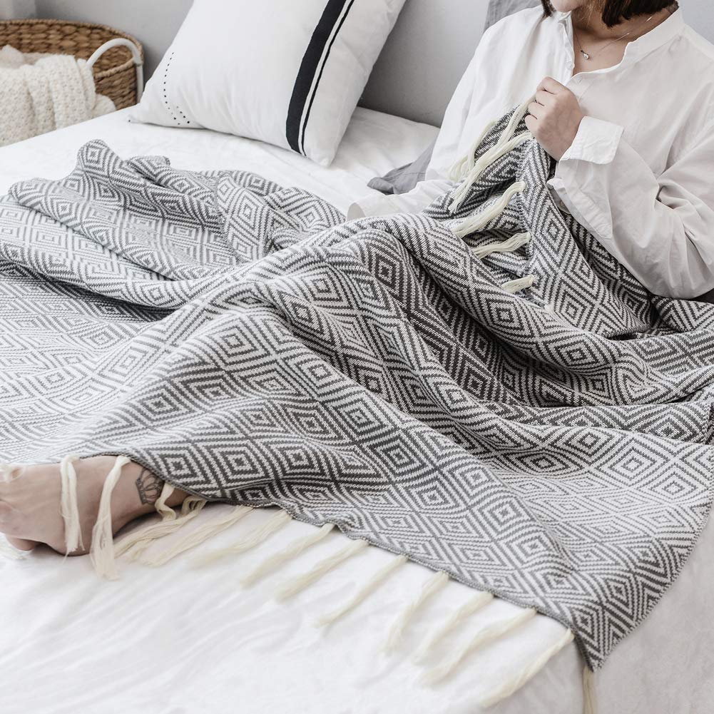 LakeMono 100% Cotton Knitted Throw Blanket, Couch/Sofa/Bed Maze Pattern Super Soft Cover Blanket with Handmade Tassels (Grey, 59’’x 67’’)