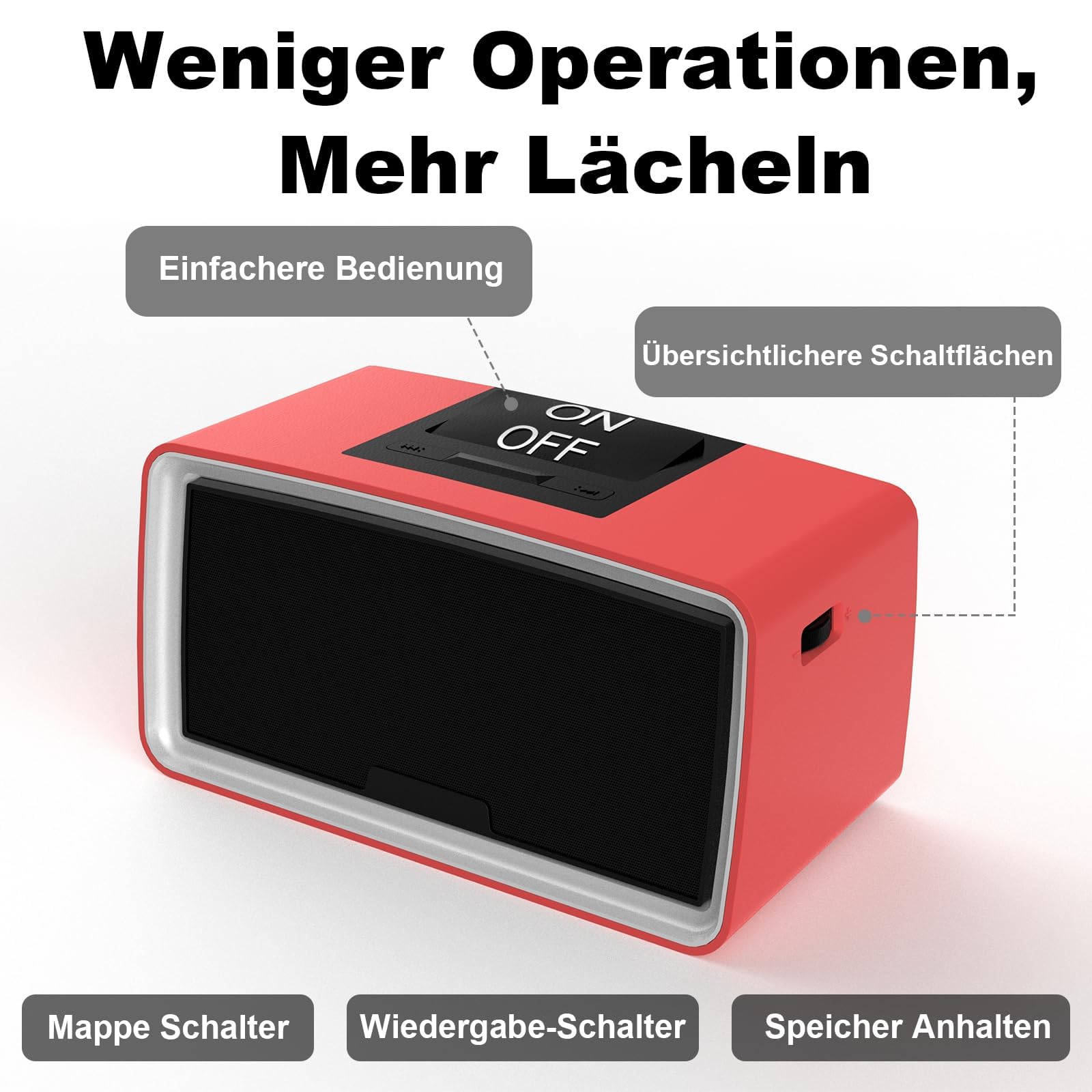 Große-Tasten 32GB Einfacher Musikplayer für Senioren mit Demenz(Rot) | MP3 Player mit SD-Karte, ideal für ältere Menschen, Sehbehinderte & Alzheimer-Patienten