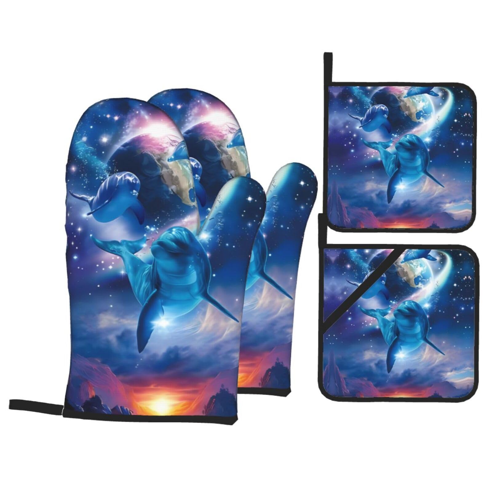 WHJSHOP Galaxy Dolphins Prints Oven Mitts & Pot Holders Set - Waterproof Kitchen Layers & Heat Resistant - Durable Covers for Safe Cooking & Easy Cleanup