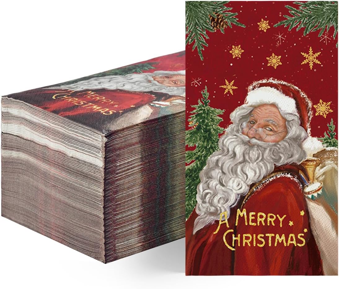 Horaldaily 100 Christmas Disposable Paper Decorative Guest Napkins, Santa Claus Red for Party Lunch Dinner Kitchen Bathroom