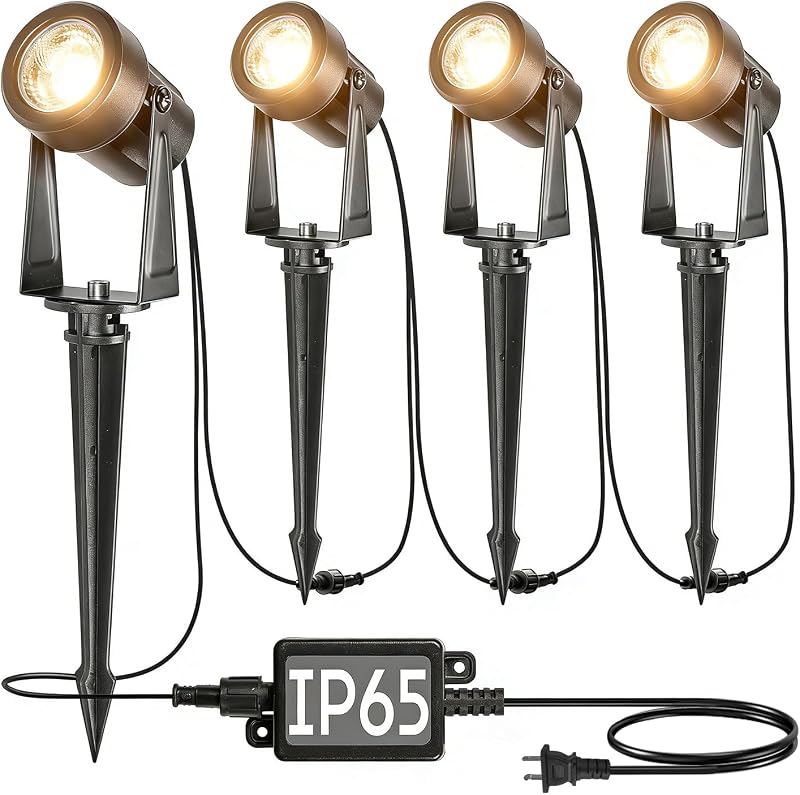 SUNTHIN 4 Pack Outdoor Landscape Lighting with Transformer, LED Spot Lights | Low Voltage Outdoor Yard Lighting, Extendable, IP65 Waterproof Landscape Ground Lights for Garden, Trees & Pathway