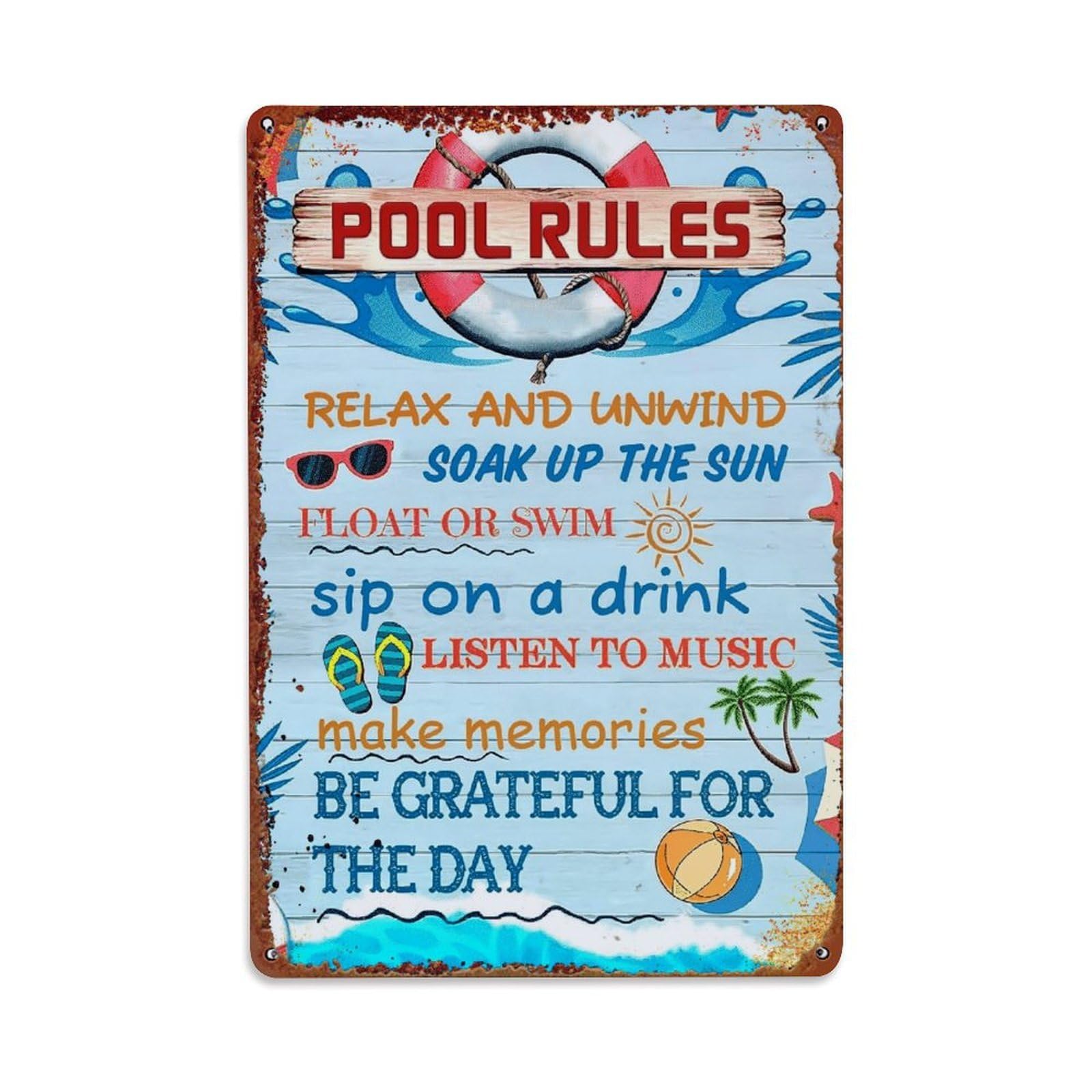 Pool Rules Relax Unwind Soak Swim Sip Listen Make Grateful Vintage Tin Sign Retro Metal Wall Decor Metal Poster, Home Bar Garage Farmhouse Cafe Wall Art Decoration 8x12Inches