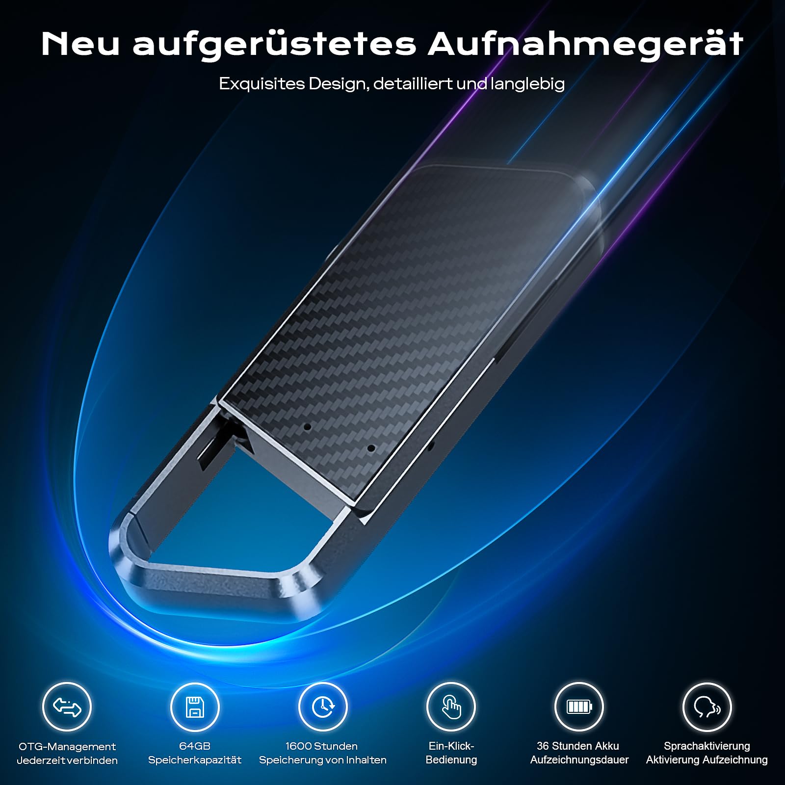 NekSide 64GB Registratore Vocale - DSP3.0 Noise Canceling, Registrazione Audio HD, Supporta OTG e MP3/WAV, 1600 Ore di Memoria, Ideale per Lezioni, Riunioni e Podcast - Voice Recorder Portatile