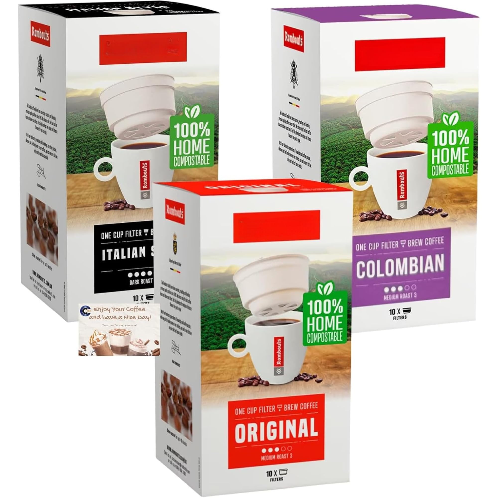 Rombouts One Cup Filter Coffee Variety Bundle - Original, Italian Style, and Colombian (10 Filters Each, 70g Per Pack)