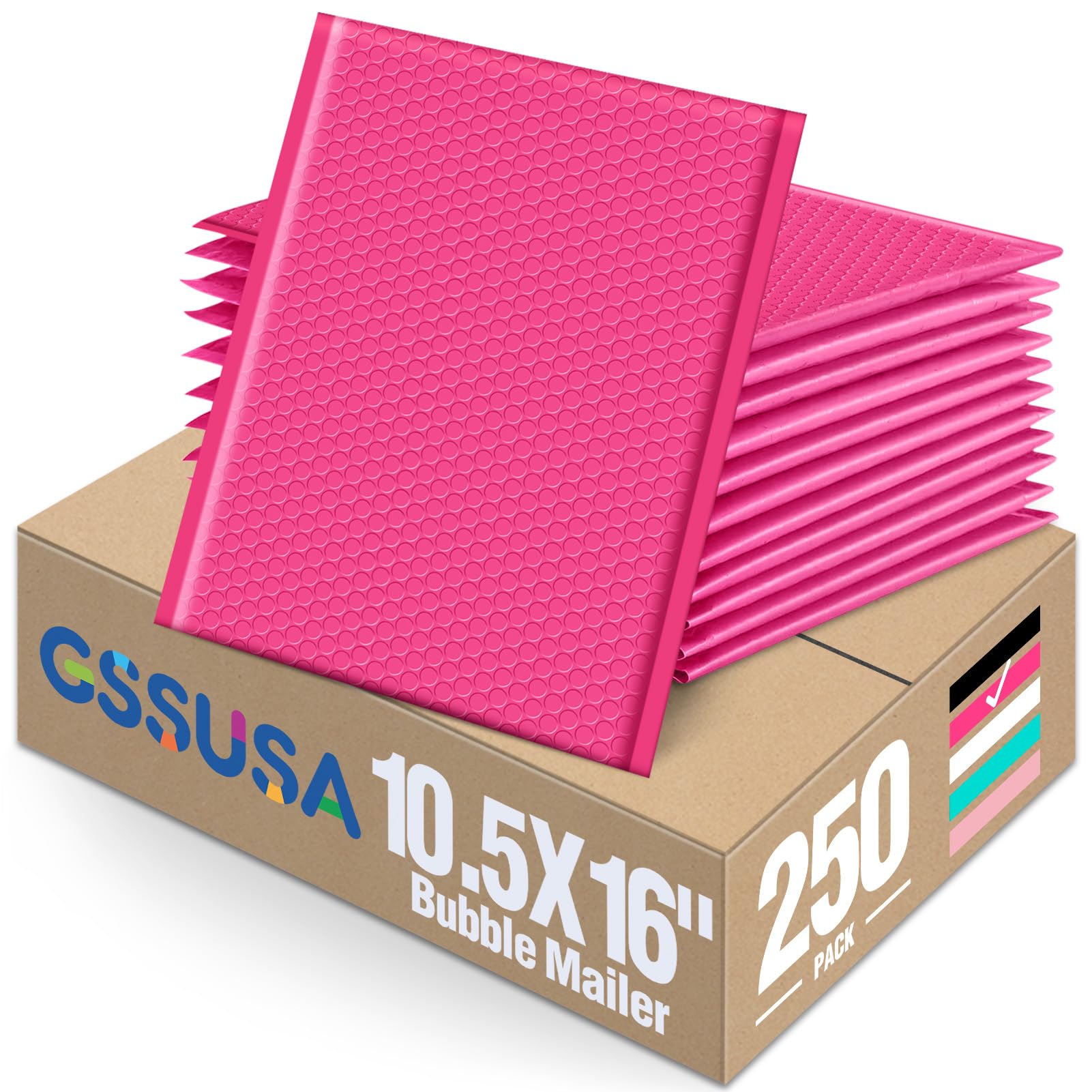 GSSUSA Pink Bubble Mailers 10.5x16" 250 Pack Padded Envelopes Self Seal