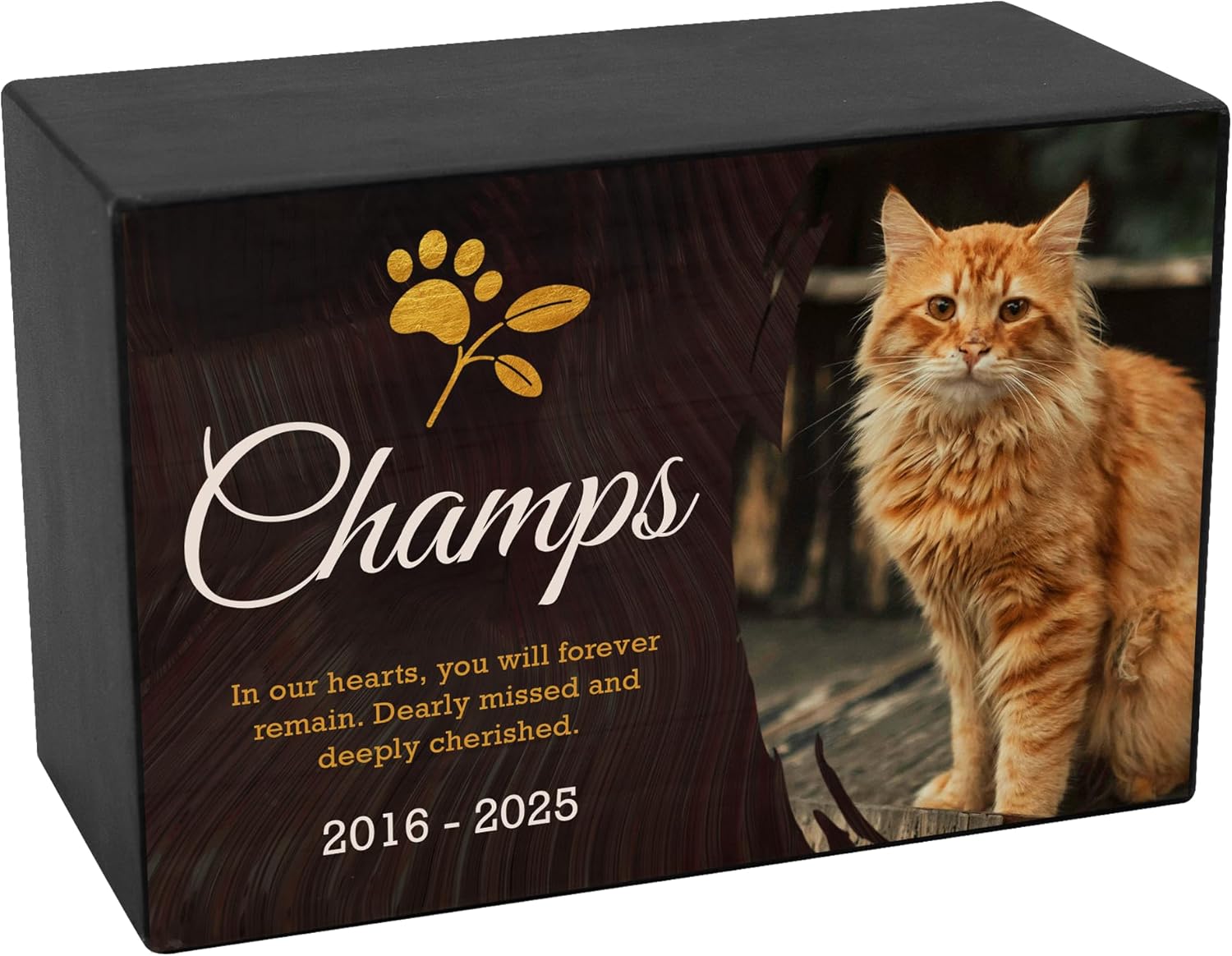 Personalized Wooden Urns for Cat Ashes - Custom Cremation Urn up to 30 lbs - Small Size Keepsake - Add Your Pet Photo and Text - Custom Burial Memorial - Blk (Design 3)