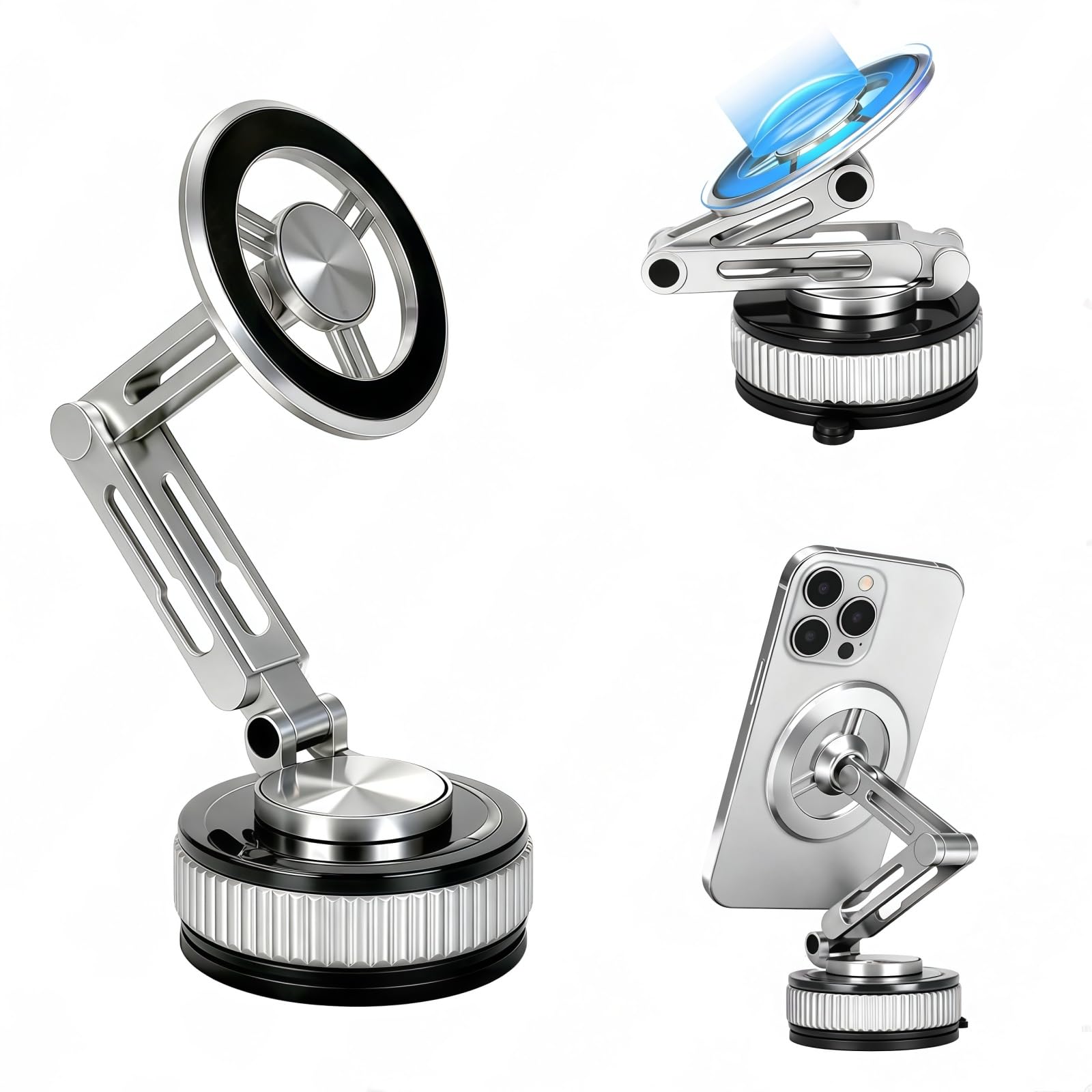 Heavy Duty Metal Magnetic Car Phone Holder - Extendable Arm 360 Rotation Universal for All Smartphones Suction Cup