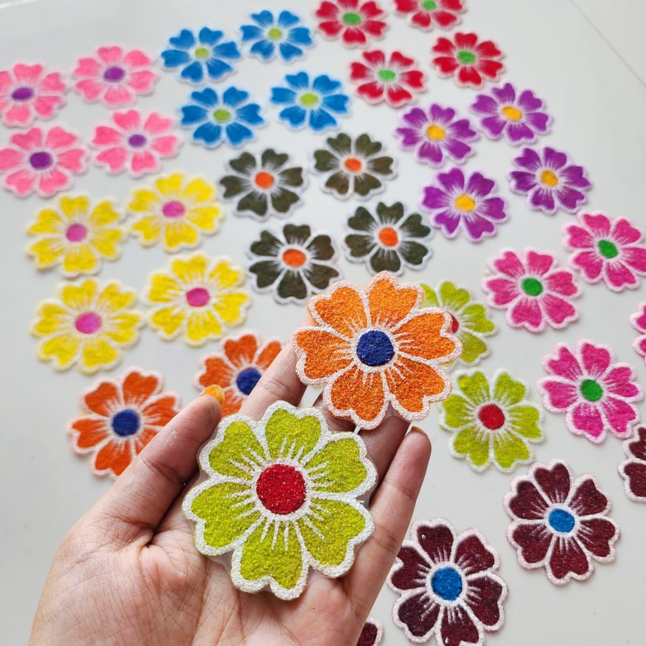 Multicolor Rangoli Flowers Set | 10 Colors (40 Pieces) Reusable Handmade Rangoli Flower Patches | Festival Floor Decoration for Diwali, Navratri, Lakshmi Pujan by Radhika Creation.-image-10