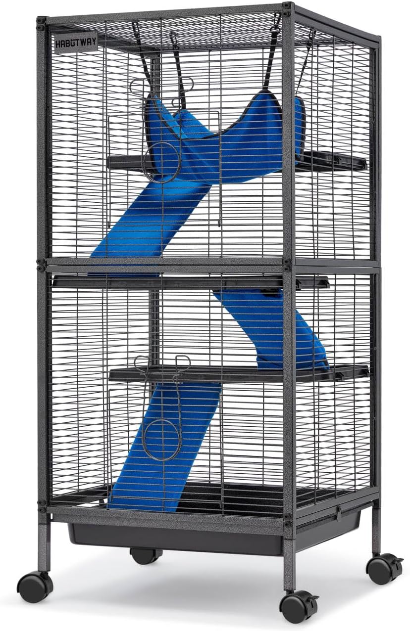 HABUTWAY 45''H Metal Small Animal Cages, Rolling Chinchilla Cage with Removable Ramps, Lagre Cage for Chinchillas/Guinea Pigs/Rabbit, Ferret Cages with Hammock & 4 Tiers, Black