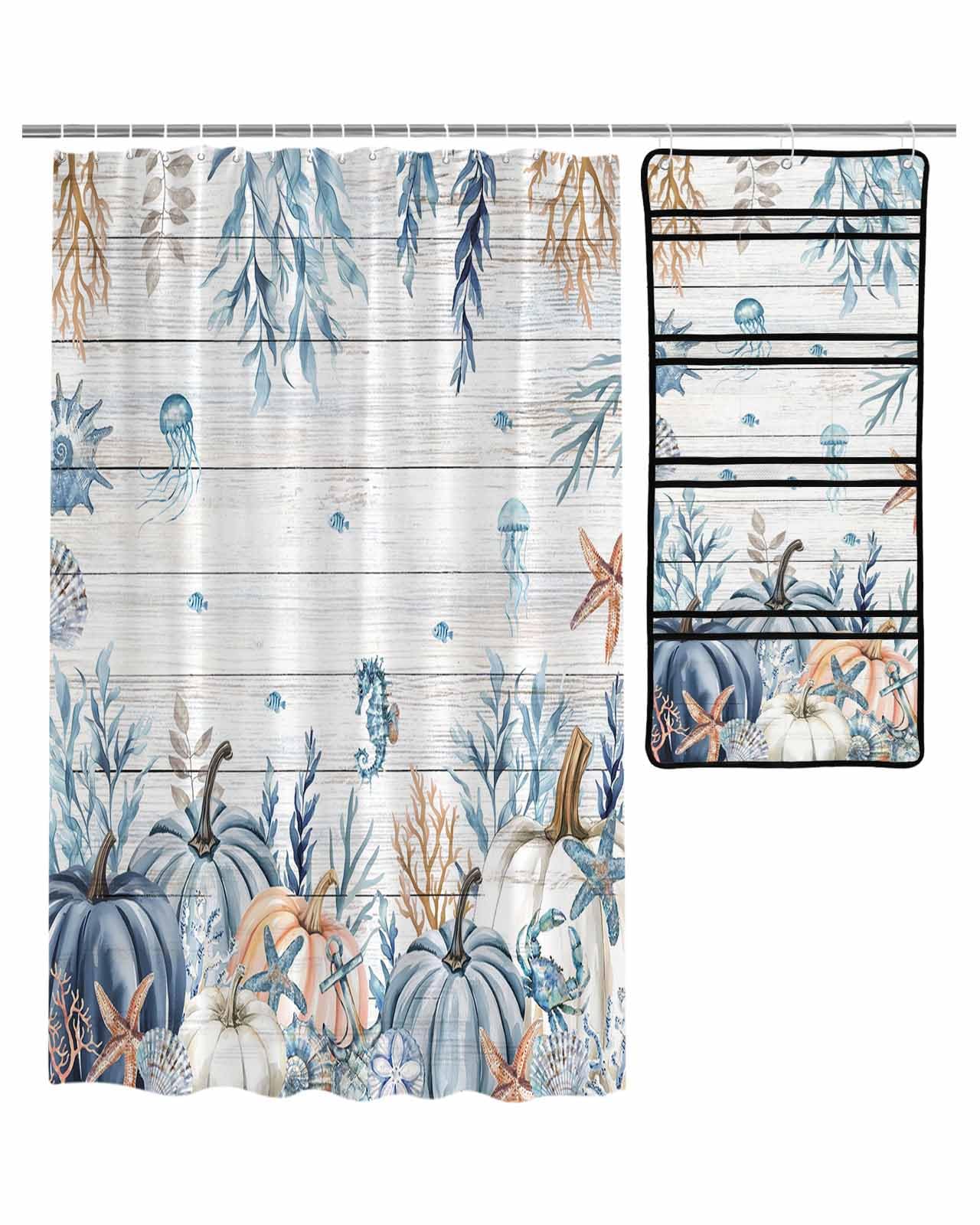 Decorative Shower Curtain Sets Thanksgiving Day Polyester Fabric Waterproof Shower Curtains Fall Pumpkin Wood Grain Light Blue Mesh