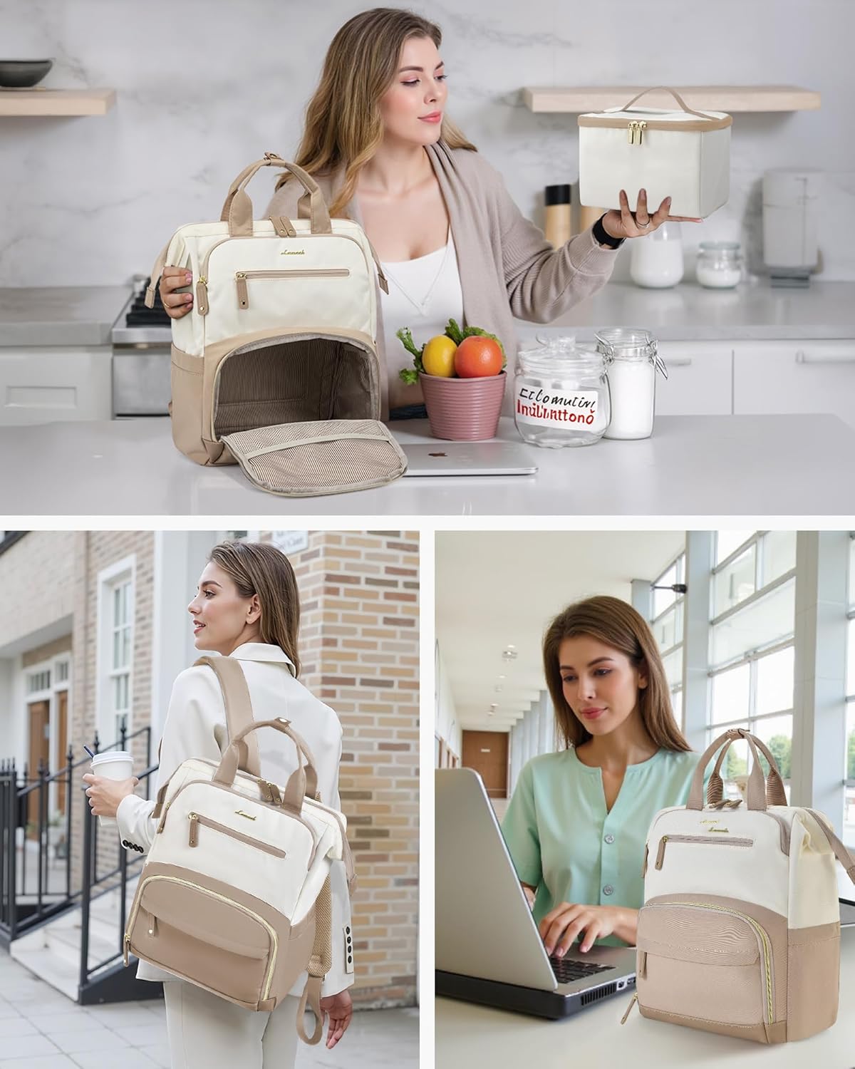 LOVEVOOK Lunch Backpack for Women, 15.6 Inch Laptop Bag with Insulated Cooler Lunch Box, Work Backpack for Teacher Nurse, Travel Backpack Lunch Bag for Camping Picnic Daily Use