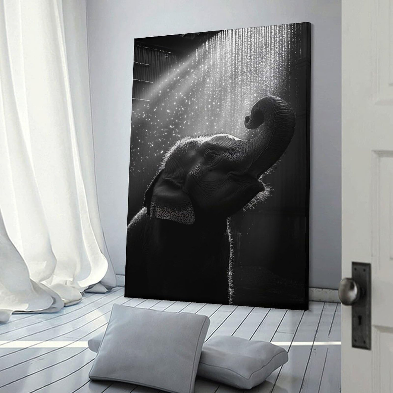 Junmoney Canvas Wall Decor Elephant Showering in Black And White, 24x36inch(60x90cm), for Flats, Guest Rooms Or Compact Rooms, Wall Decor with Flexible Room Appeal