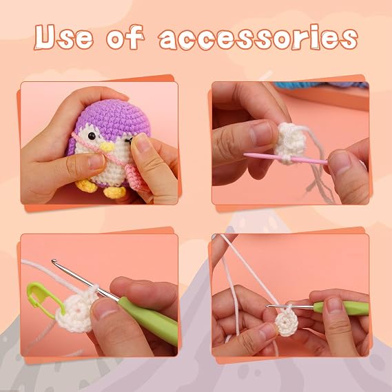 InteDesign 4PCS Cute Penguin Crochet Kit for Beginners, Amigurumi Crochet Animal Kit,Crochet Starter Kit Step-by-Step Video Tutorials, Adults Crochet Starter Kit with Gift Box (Penguin)