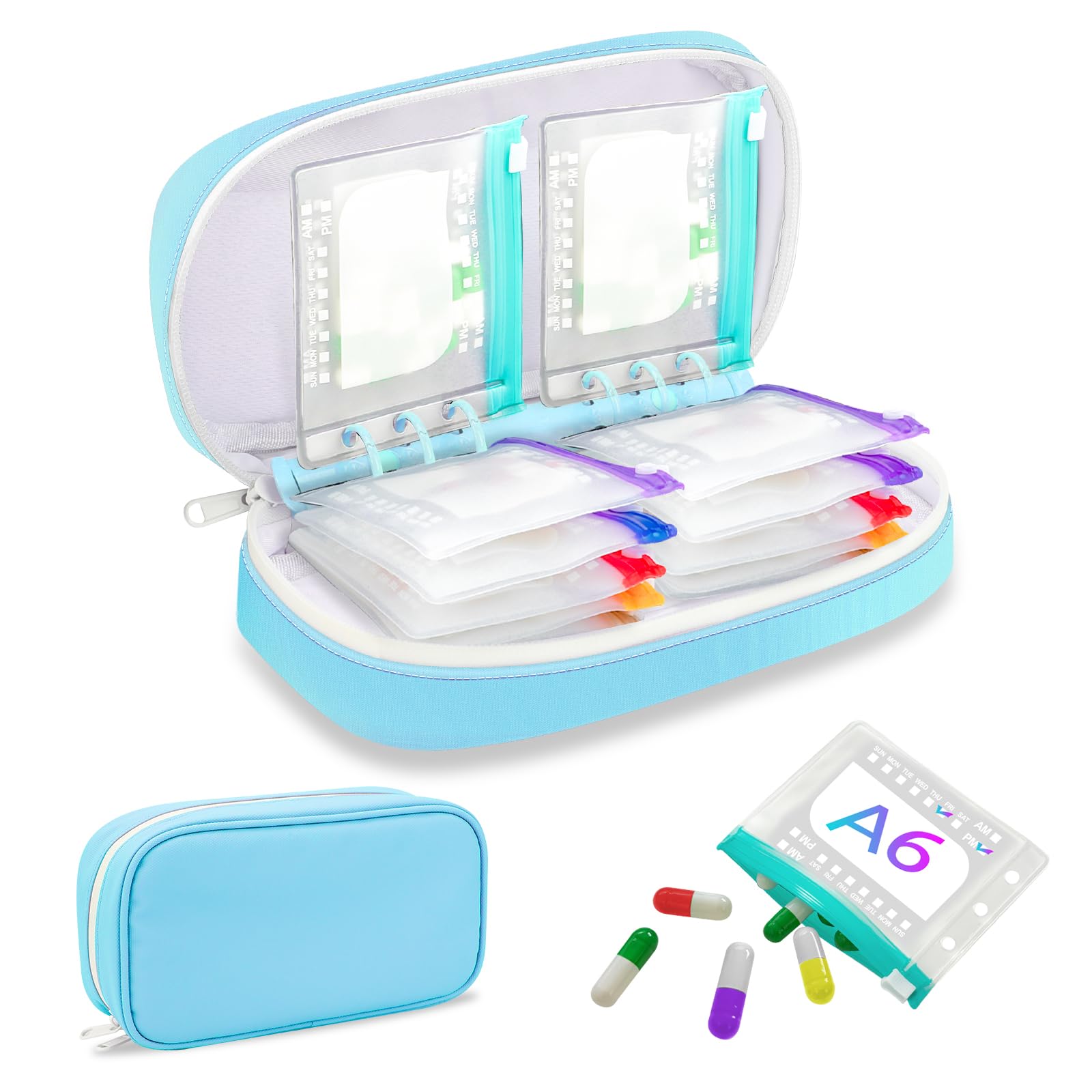 Weekly Pill Organizer 2 Times a Day - Timueetech A6 Waterproof 14 Pill Pouch Bags for Travel, BPA-Free Medicine Storage with Labels & Self-Sealing Design for Vitamins and Supplements, Blue